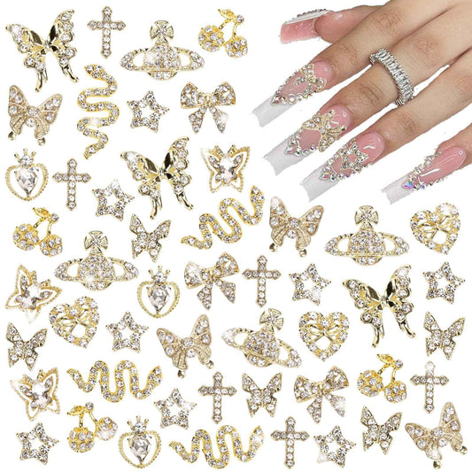 CUBLIVE 24PCS Nail Charms Y2k Alloy Nail Art Rhinestone Charms 3D Heart Bow Butterfly Charm with Rhinestones Cherry Nail Gems Shiny Jewelry Nail Decorations Accessories Supplies (SG)