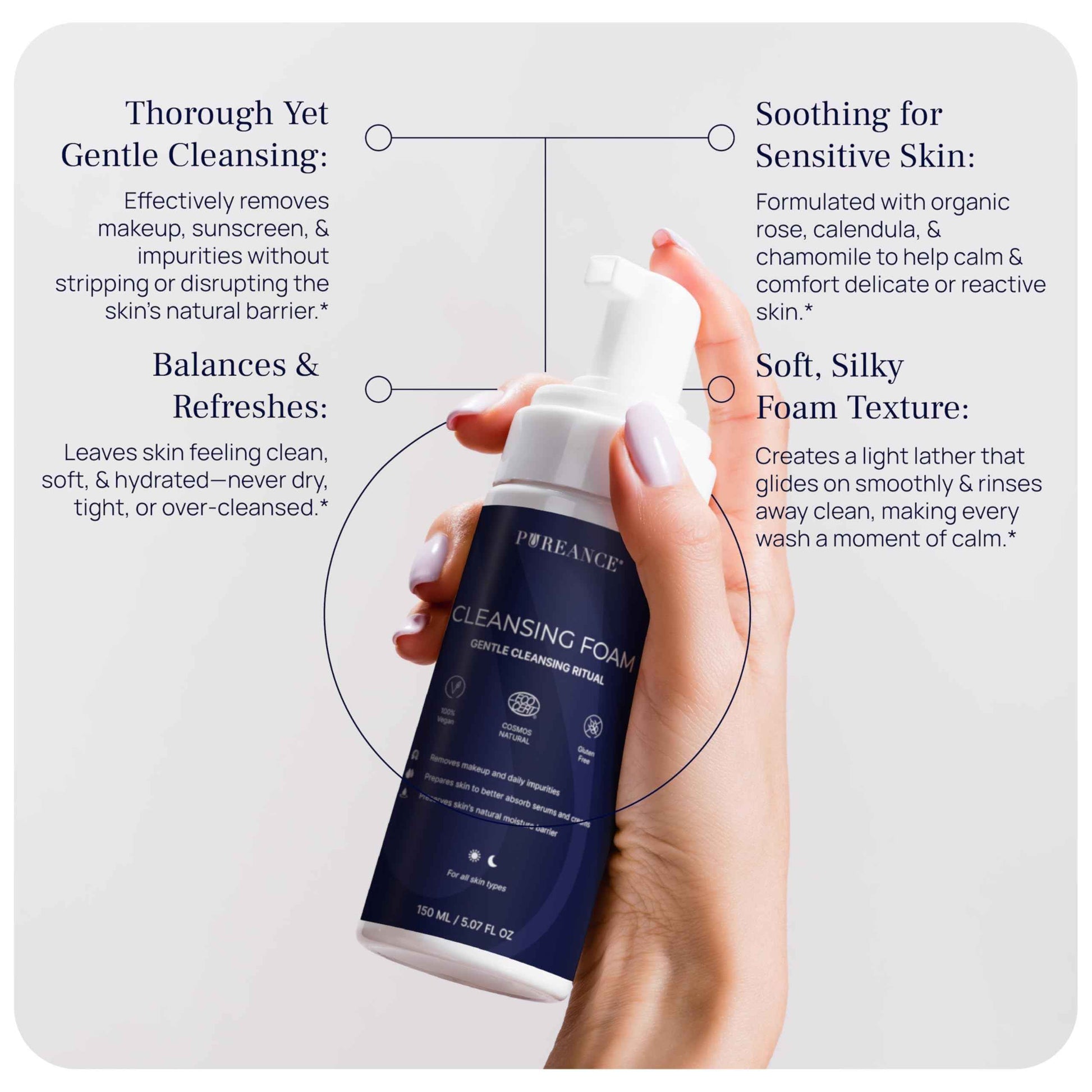 PUREANCE Cleansing Foam - Face Wash for Women - Gentle Foaming Facial Cleanser - Sensitive Skin Facewash - With Calendula, Chamomile, Lactic Acid & More - 5.07 Fl Oz