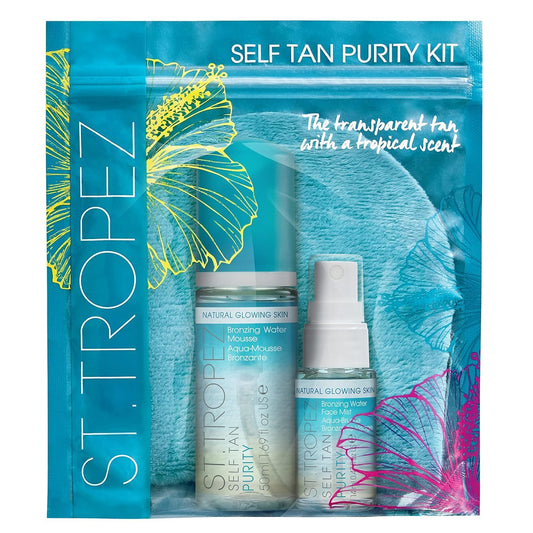 St.TropezZ Self Tan Purity Mini Kit, Travel Size, Bronzing Water Mousse 1.69 Fl Oz, Tanning Water Face Mist 0.47 Fl Oz and Applicator Mitt, Vegan, Natural & Cruelty Free