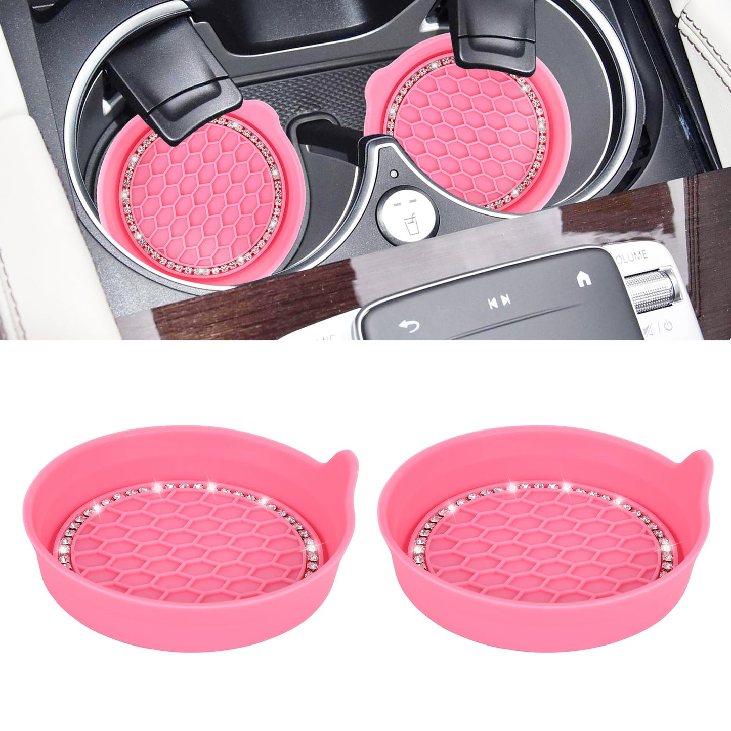 Amooca Car Cup Coaster Universal Non-Slip Cup Holders Bling Crystal Rhinestone Car Interior Accessories 2 Pack Sakura Pink