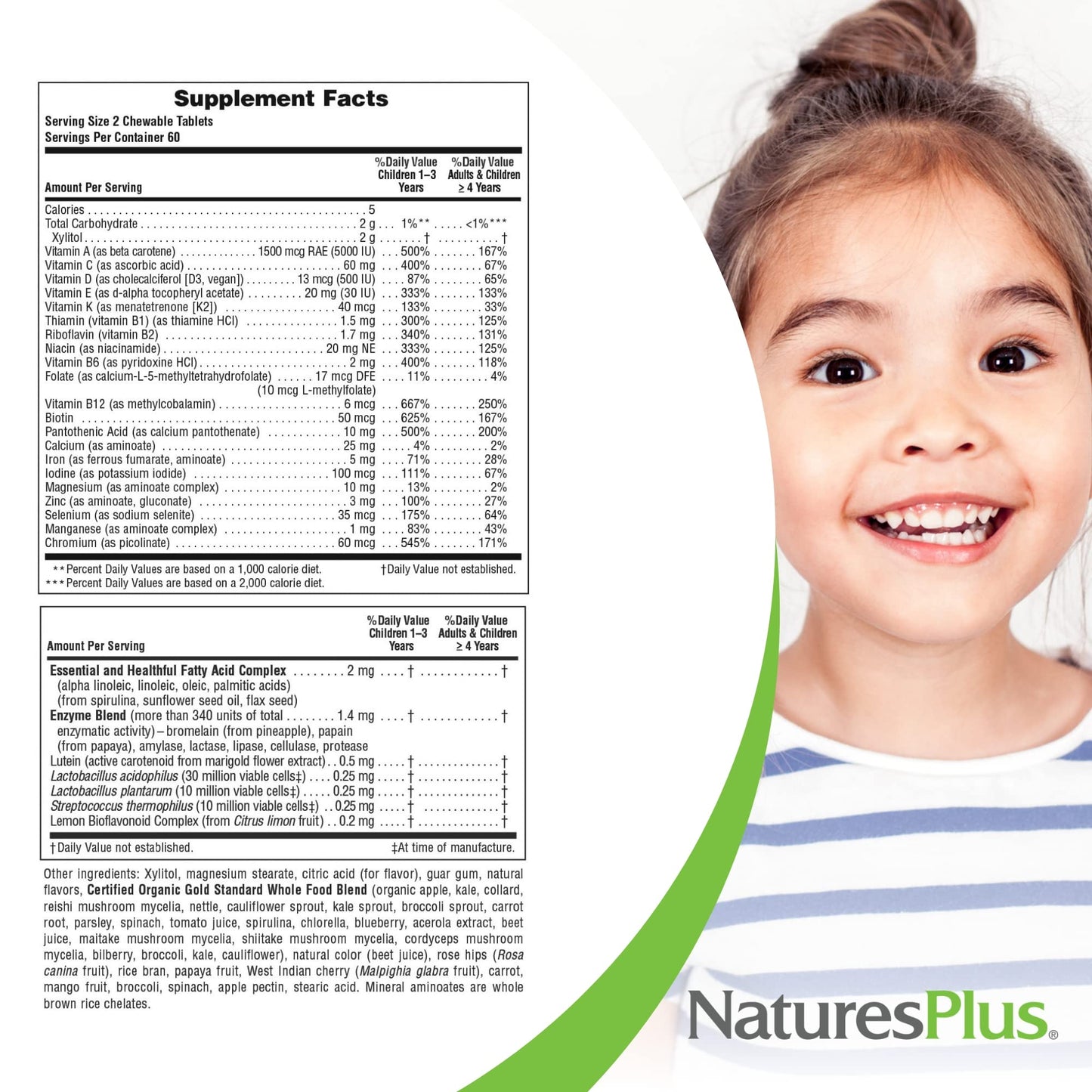 Natures Plus Animal Parade Gold Children's Chewable Multivitamin - Natural Cherry Flavor - 60 Animal Shaped-Tablets - with Vitamin D3, K2 & Probiotics - Vegetarian & Gluten Free - 120 Servings