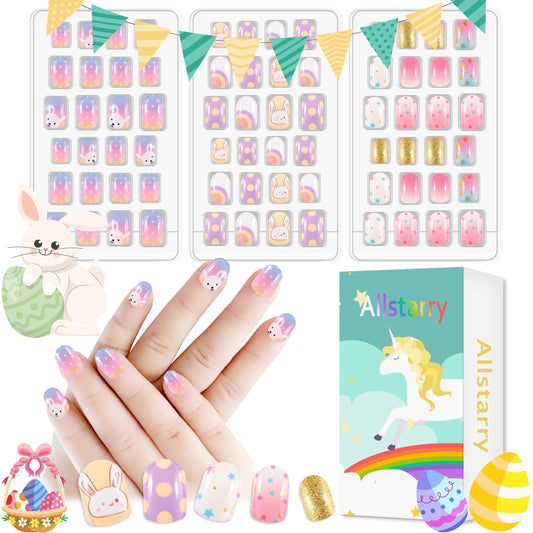 Allstarry 72pcs 3 pack Children Nails Press on Pre-glue Full Cover Rabbit Gradient Color Dot Short False Nail Kits Lovely Gift for Children Little Girls Nail Art Decoration -Purple Planet