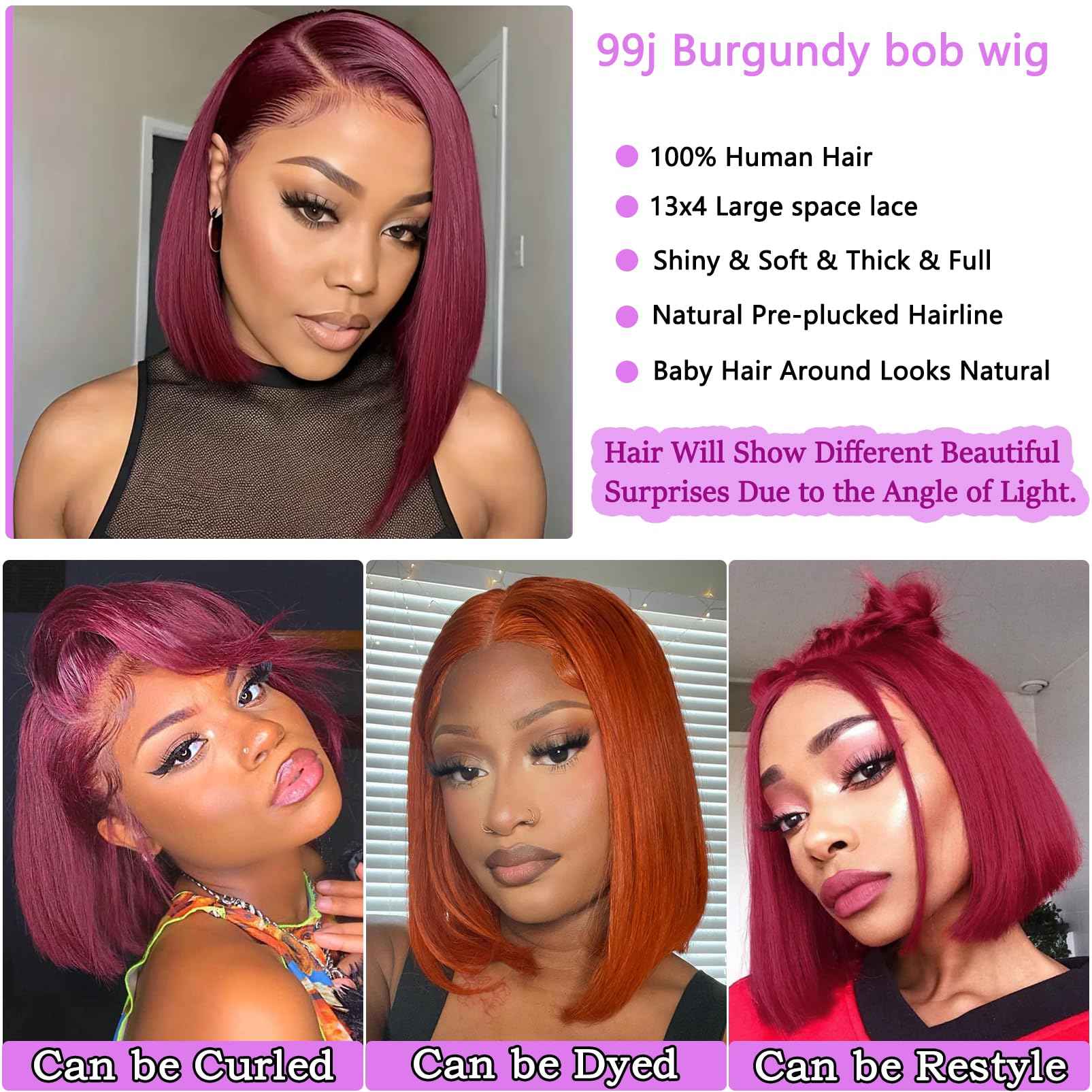 SKYDO 13x4 Lace Front Bob Wig Human Hair - 99J Burgundy, Pre-Plucked Hairline 180 Density, 8 Inch Wigs for Women