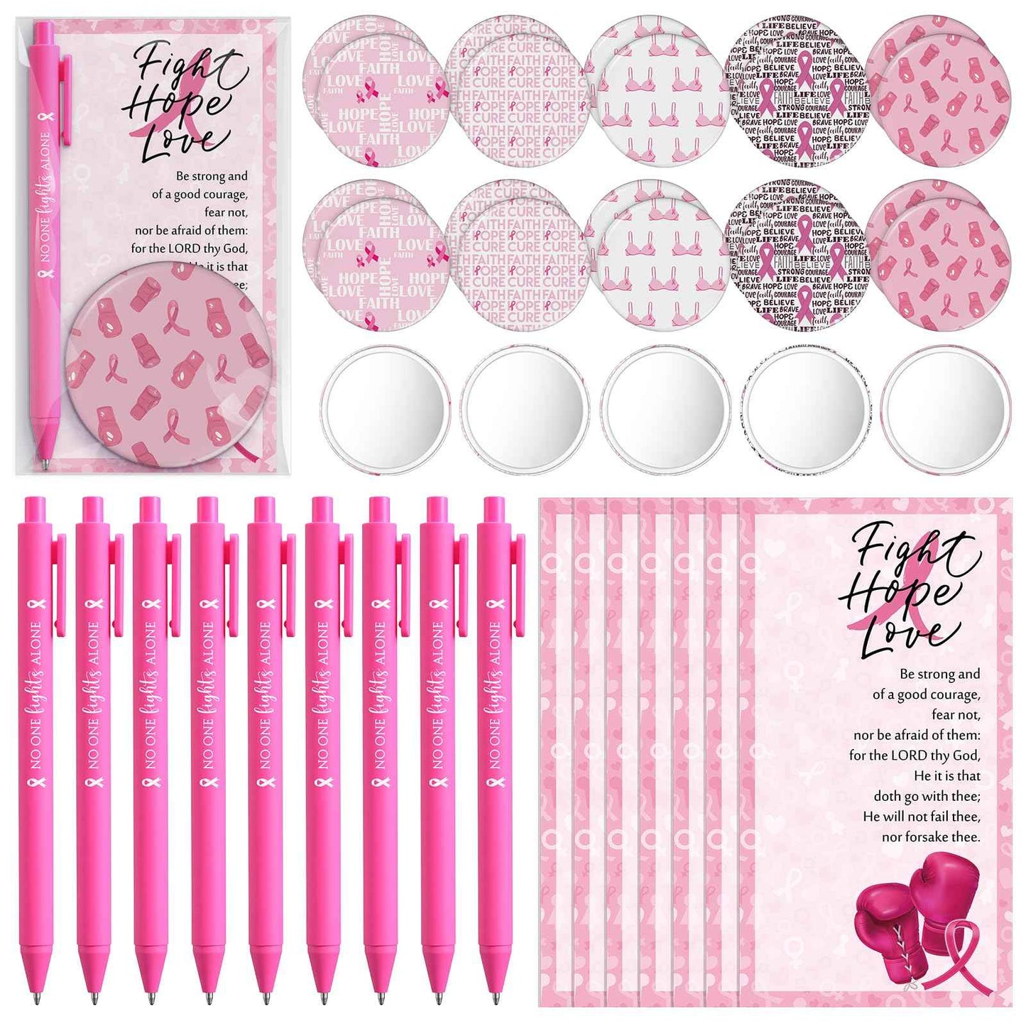 Pinkunn 75 Sets Breast Cancer Awareness Accessories Bulk Breast Cancer Gift for Women Compact Mirrors with Pink Ribbon Boxing Glove Design, Ballpoint Pens, Motivational Cards Charity Party Favors