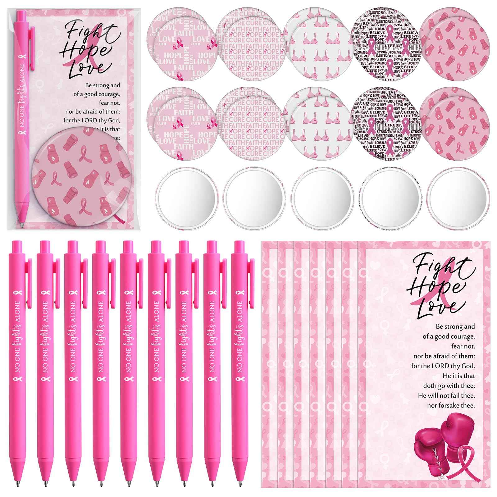 Pinkunn 75 Sets Breast Cancer Awareness Accessories Bulk Breast Cancer Gift for Women Compact Mirrors with Pink Ribbon Boxing Glove Design, Ballpoint Pens, Motivational Cards Charity Party Favors