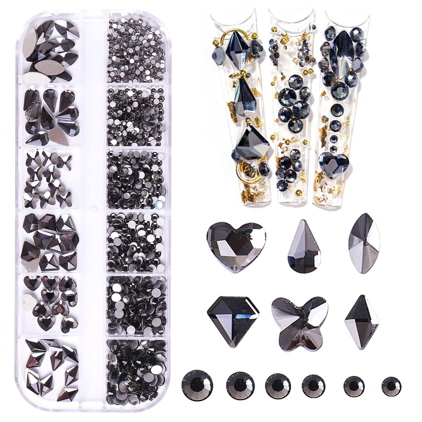 FULZTEY 810PCS Nail Rhinestones Heart Shape Flatback Rhinestones Black Diamond Rinstonestone for Nails Decoration Mutiple Shapes Round Gems Crystal Rhinestones for DIY Crafts Clothes Shoes Accessories