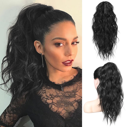 Flufymooz Ponytail Extension, 18 Inch Claw Clip Ponytail Extension, Wavy Curly Claw Clip in Ponytail Hair Extensions, Natural Fake Ponytail Synthetic Hairpiece for Women (Natural Black)