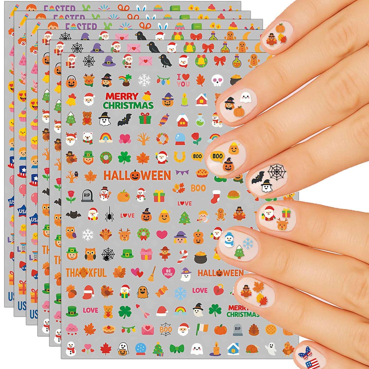 IDDFEVE Mini Nail Stickers for Kids - 1200 Pcs All Holiday Favors for Little Girl, 11 Holidays 3D Cute Halloween, Christmas Designs - DIY Home Nail Art Decals for Toddler Easter Basket (6 Sheets)