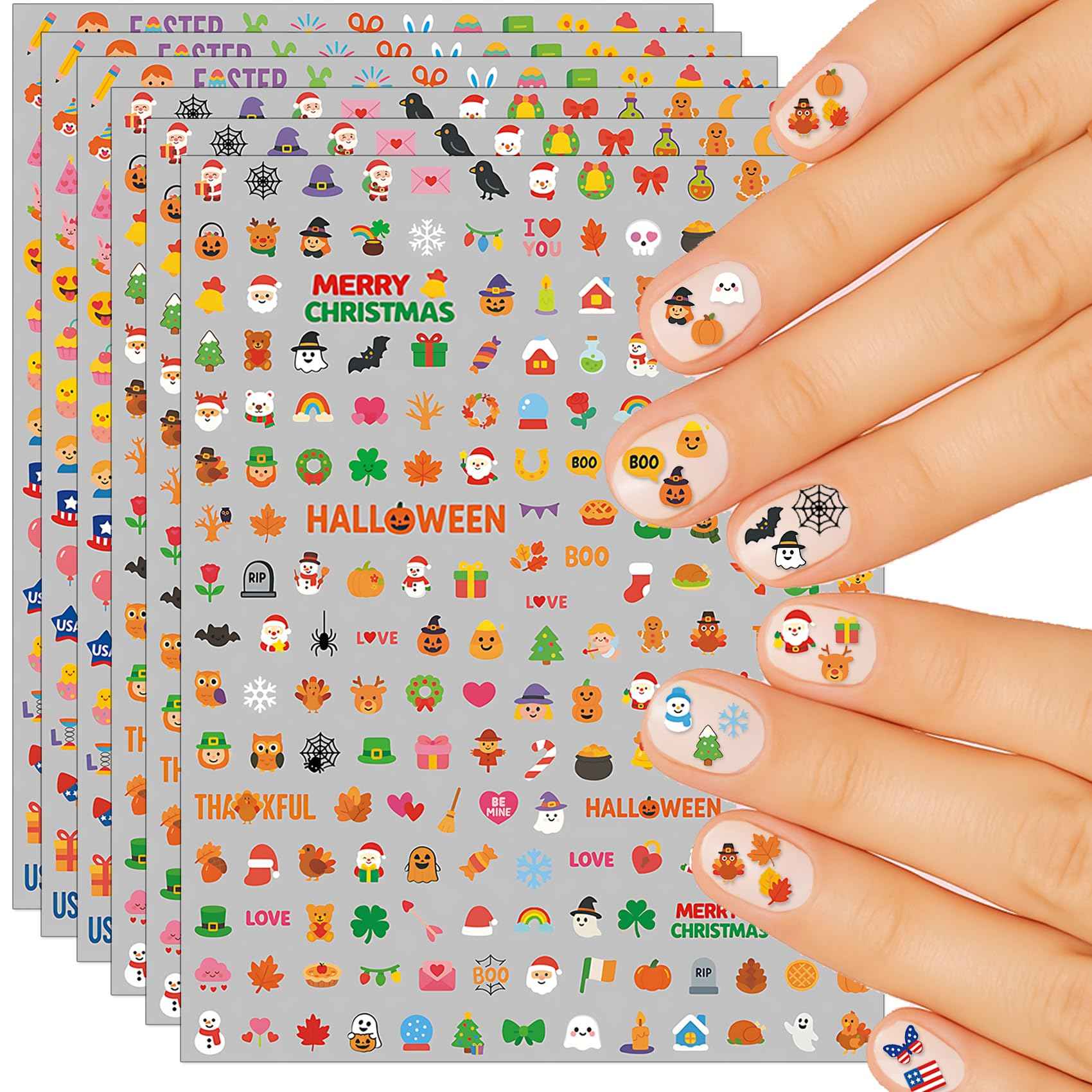 IDDFEVE Mini Nail Stickers for Kids - 1200 Pcs All Holiday Favors for Little Girl, 11 Holidays 3D Cute Halloween, Christmas Designs - DIY Home Nail Art Decals for Toddler Easter Basket (6 Sheets)