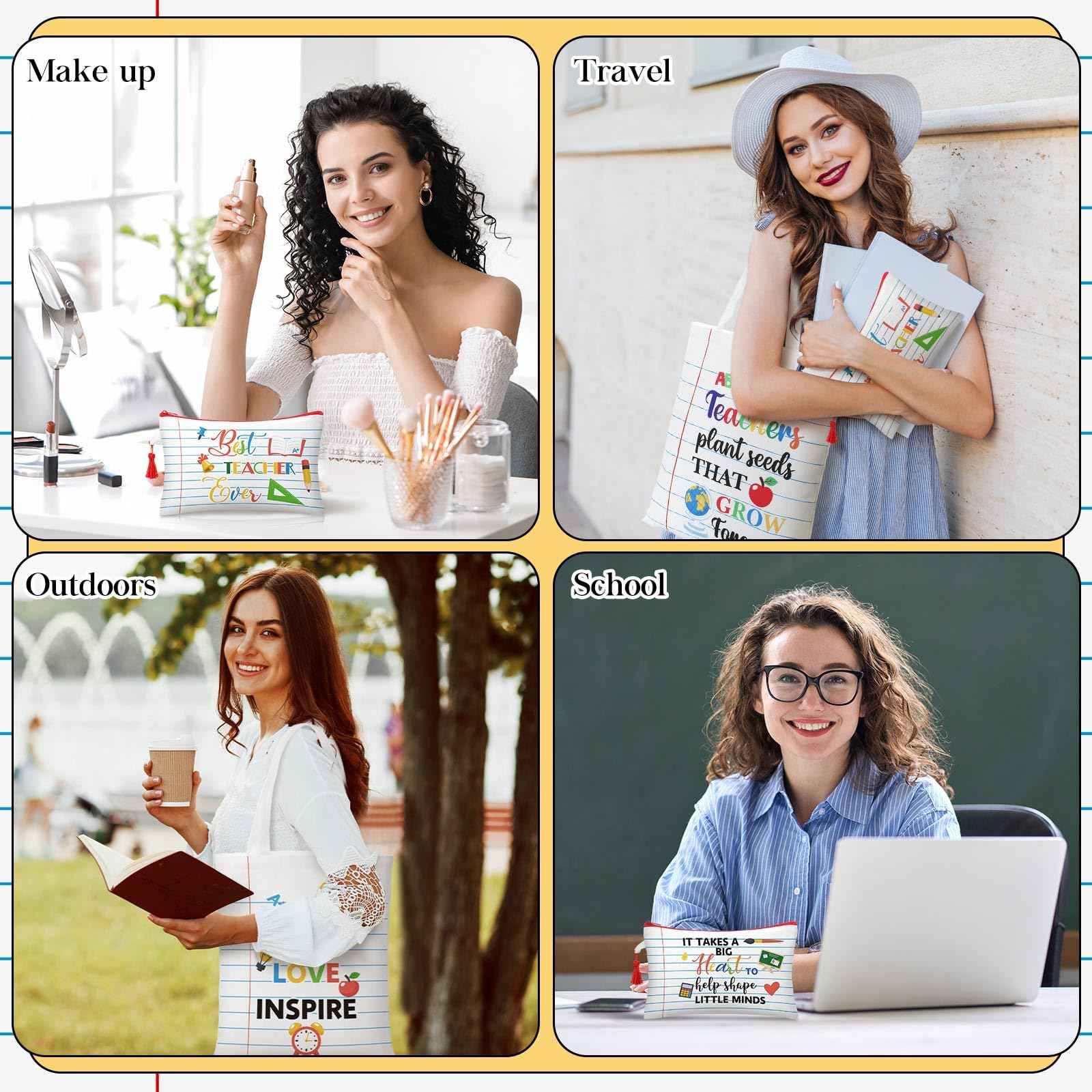 Paterr 12 Pcs Christmas Teacher Appreciation Gift for Women Christmas Gifts Ideas Basket Filler Canvas Teacher Tote Bag with Makeup Bag Notebook Style for Office School Classroom Supplies