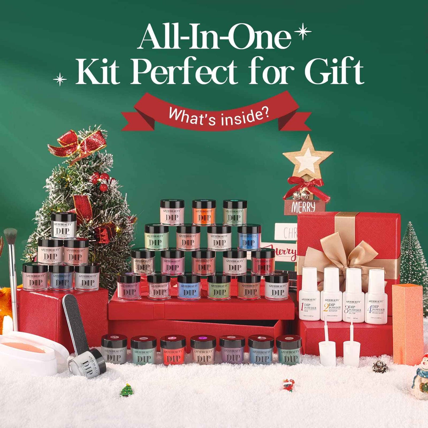 AZUREBEAUTY 42Pcs Dip Powder Nail Kit Starter, 32 Colors Green Nude Brown Blue Christmas Dipping Powder Set with Top/Base Coat & Recycling Tray for French Art Manicure Salon