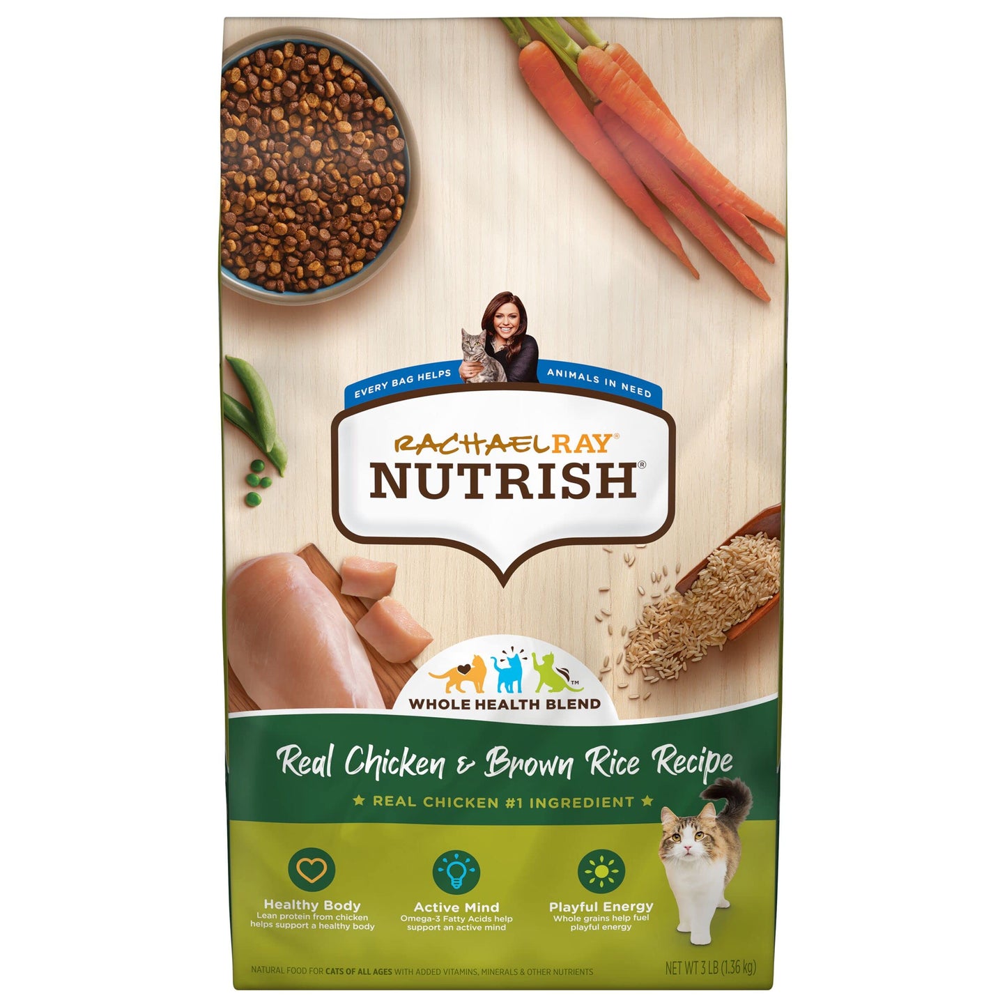 Rachael Ray Nutrish Premium Natural Dry Cat Food with Added Vitamins, Minerals & Other Nutrients, Real Chicken & Brown Rice Recipe, 3 Pound Bag