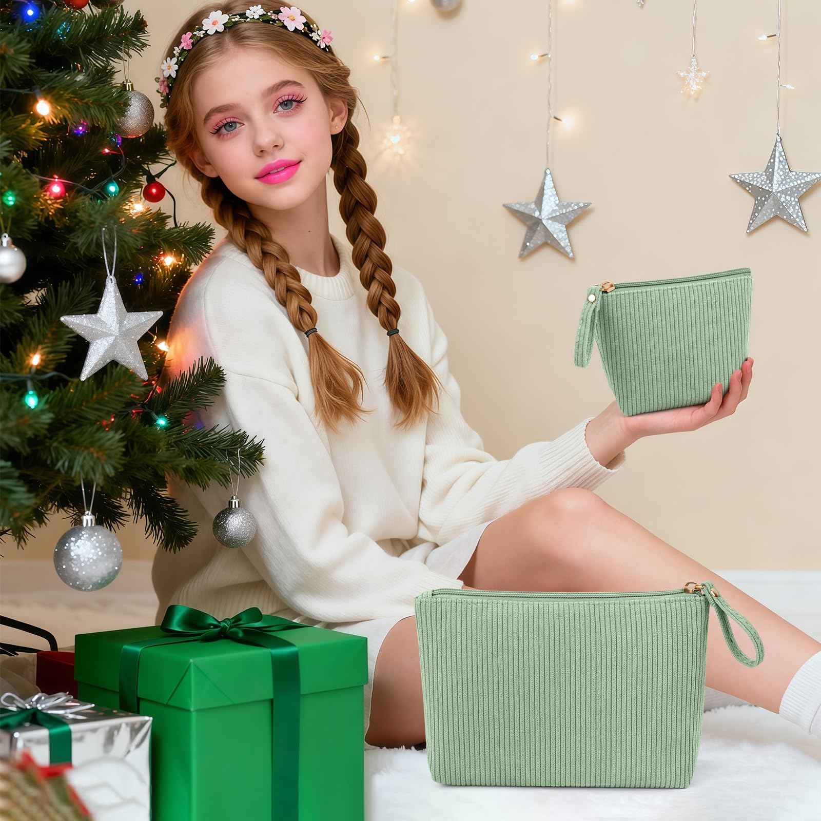 MAGEFY 2Pcs Makeup Bag Set, Cute Makeup Pouch for Purse Corduroy Travel Cosmetic Pouch for Women with Slip-in Pockets for Purse Essentials Accessories(Green,Mini+Small)