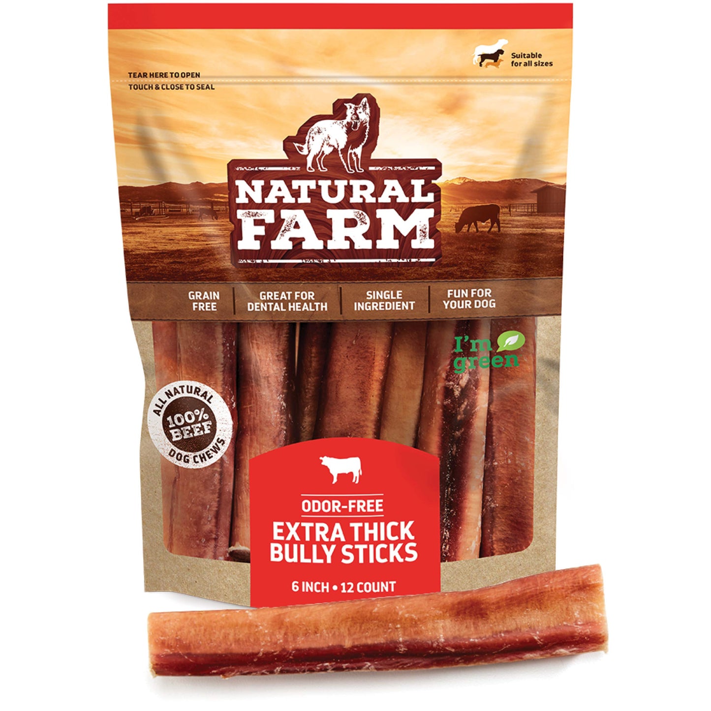 Natural Farm Odor Free Jumbo Bully Sticks (6 Inch, 12 Pack), Extra-Thick Dog Treats – Fully Digestible 100% Beef Treats, Natural Dental Chews – Keep Your Dog Busy with 50% Longer Lasting Chews