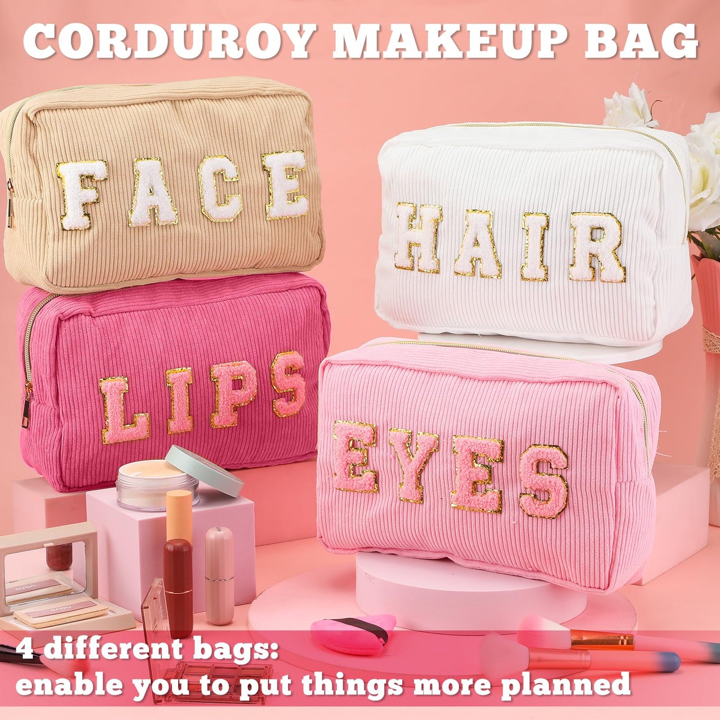 Pinkunn 4 Pcs Preppy Makeup Bag Cute Chenille Cosmetic Bags Face Eyes Lips Hair Corduroy Letter Patch Skin Zipper Patch Bags Travel Zipper Pouch Makeup Organizer for Women