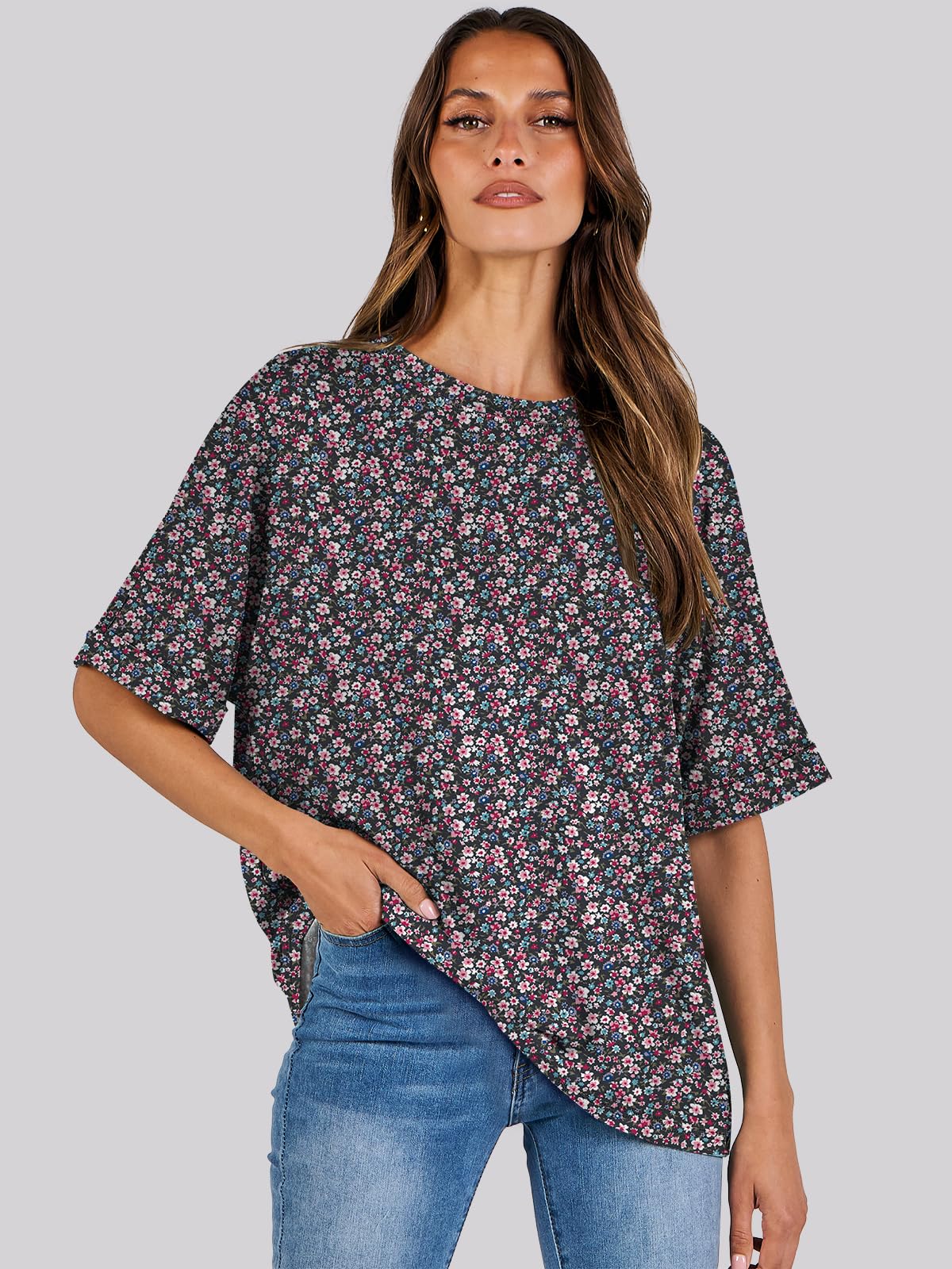 ANRABESS Women's Oversized T Shirts Floral Short Sleeve Crewneck Summer Tops Casual Loose Basic Tee Shirts 2024 Trendy Clothes Black-flower Small