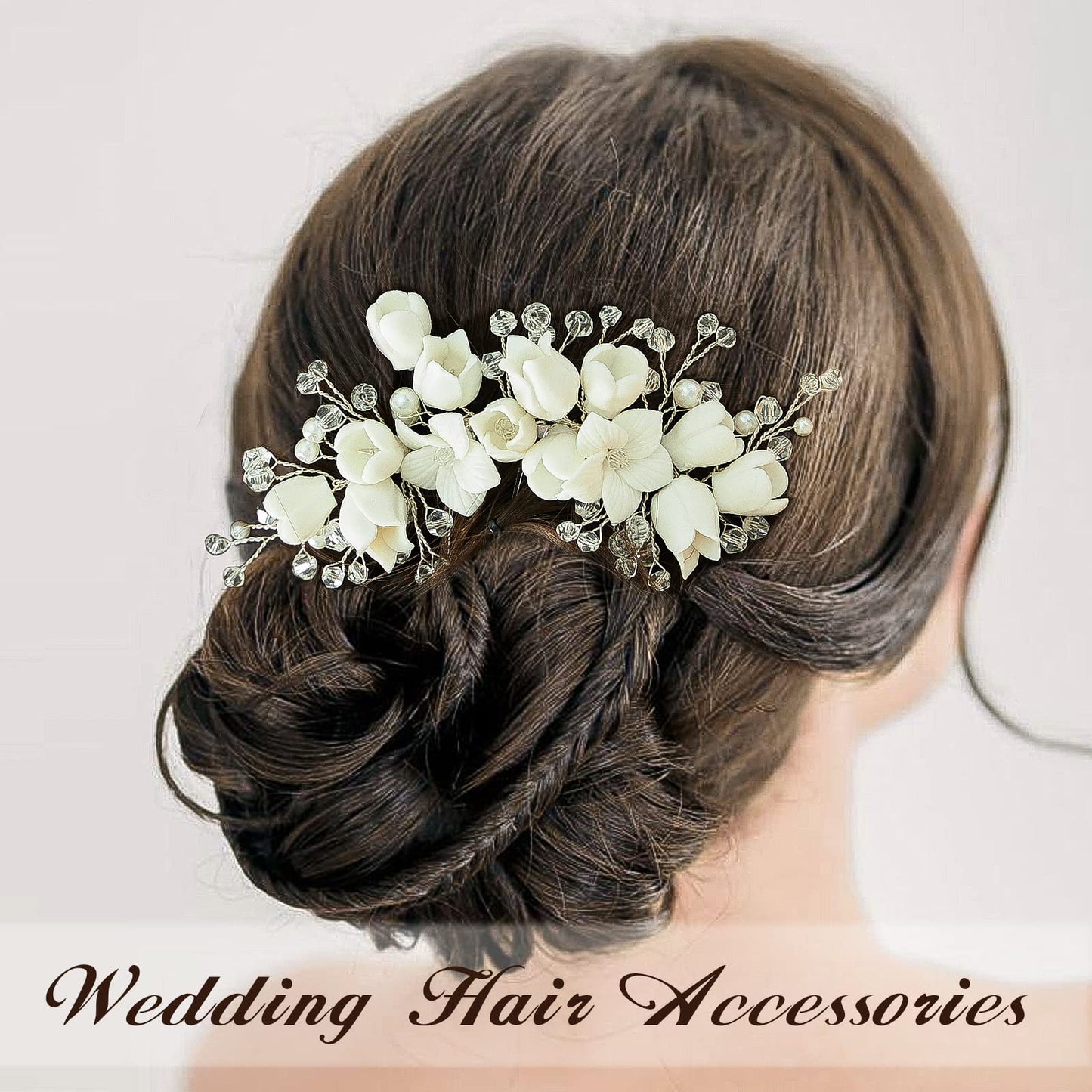 Sooshin Porcelain Flower Bridal Hair Accessory with Pearls, Crystals, and Rhinestones - Hair Comb for Brides, Bridesmaids, and Women