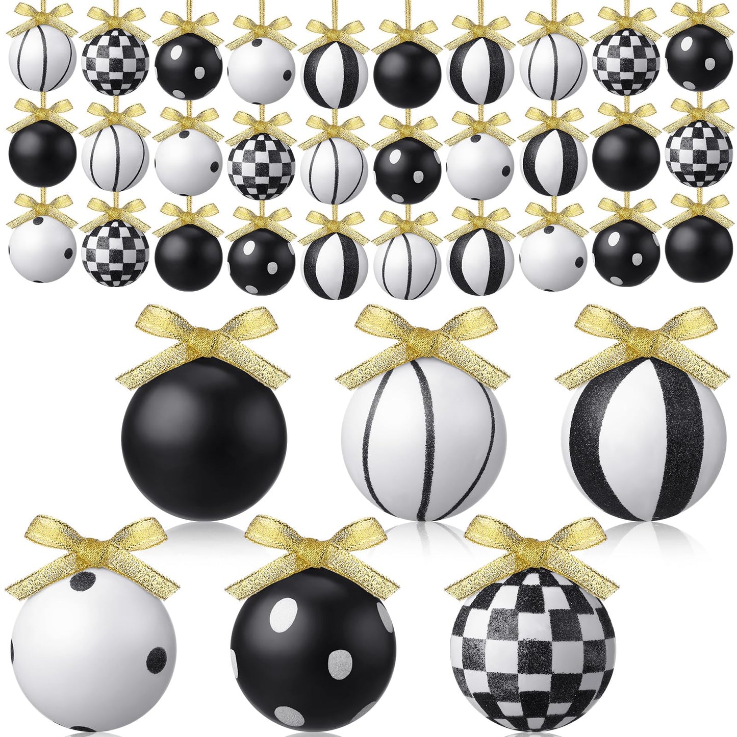 Meooeck 36 Pack Black and White Christmas Ornaments 2.36'' Shatterproof Hanging Tree Ornament Set Checkered Christmas Decorations with Small Gold Glitter Bow for Christmas Holiday Party Halloween