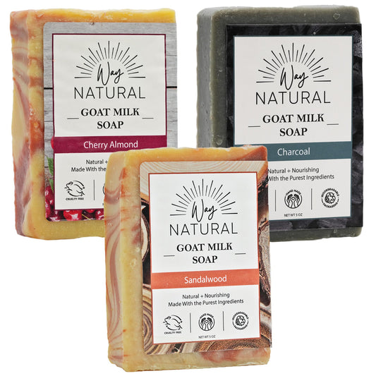 Way Natural Goat Milk Soap Bars (3 Hand/Body Soap Bars) - Gentle, No Dyes, Real Goat Milk Bar Soap for Men & Women - Natural, Organic Goat Soap (Large, 5oz) - Sandalwood, Cherry Almond, Charcoal