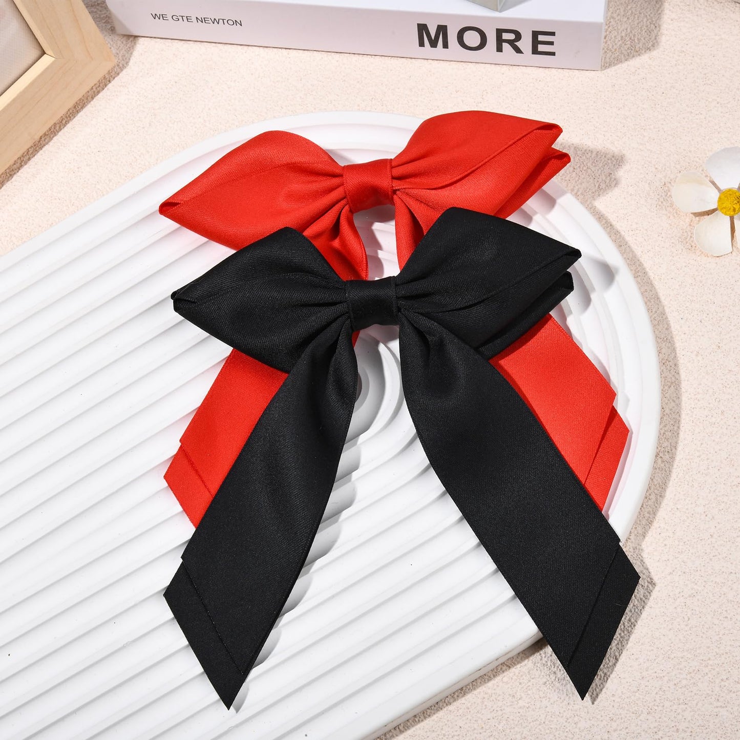 DEEKA 2 PCS Hair Bows Hair Ribbon Clips for Women 6" Black Red Double-layered Hair bows Matte Satin Bowknot Long Tail Hair Accessories for Women Girls (Red, Black)