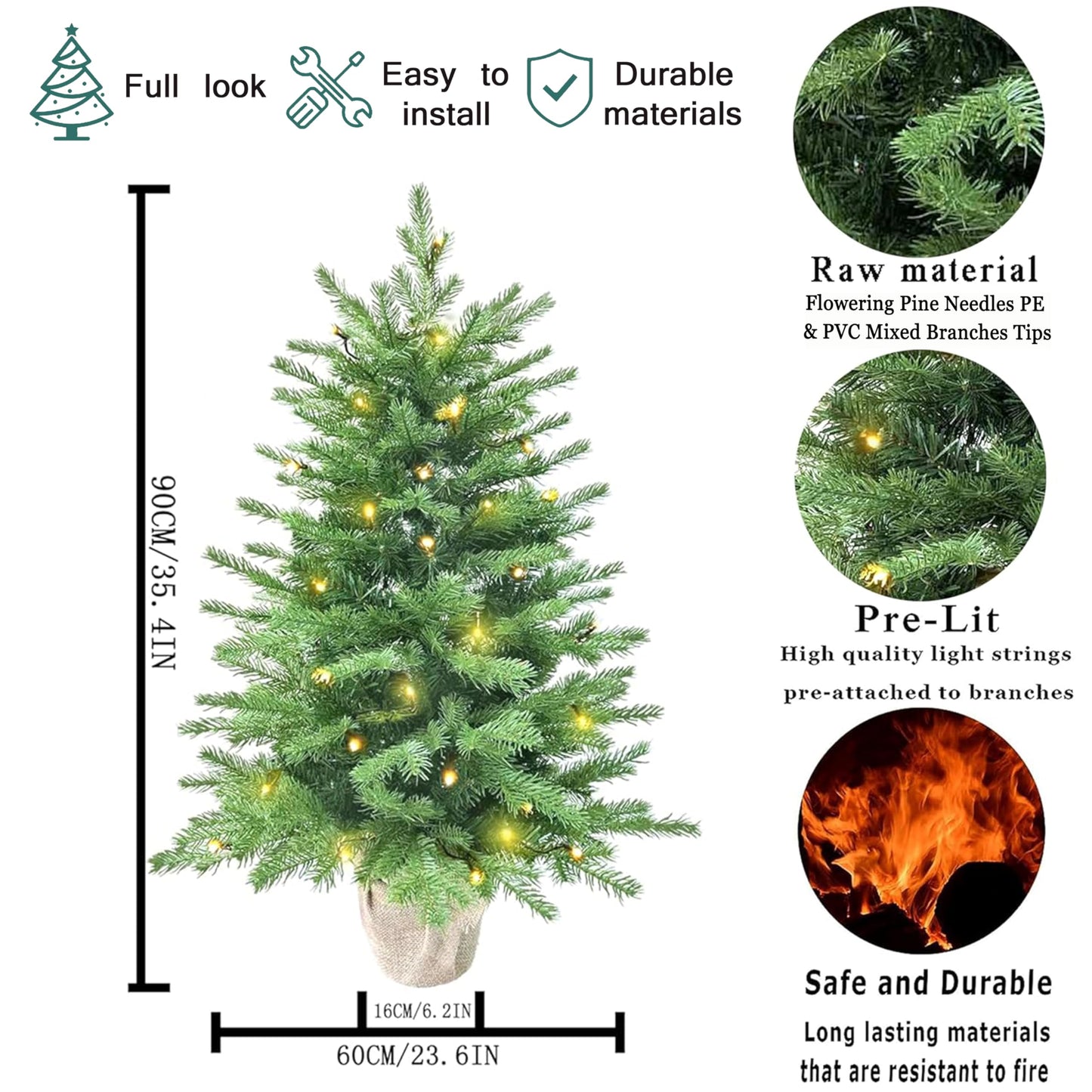 3ft Pre-Lit Mini Fir Christmas Tree,Artificial Pine Xmas Tree,106 PE Branches Tips & 84 PVC Branches Tips & UL Certification LED Lights & Burlap Wrapped Base for Tabletop Desk,Battery Operated