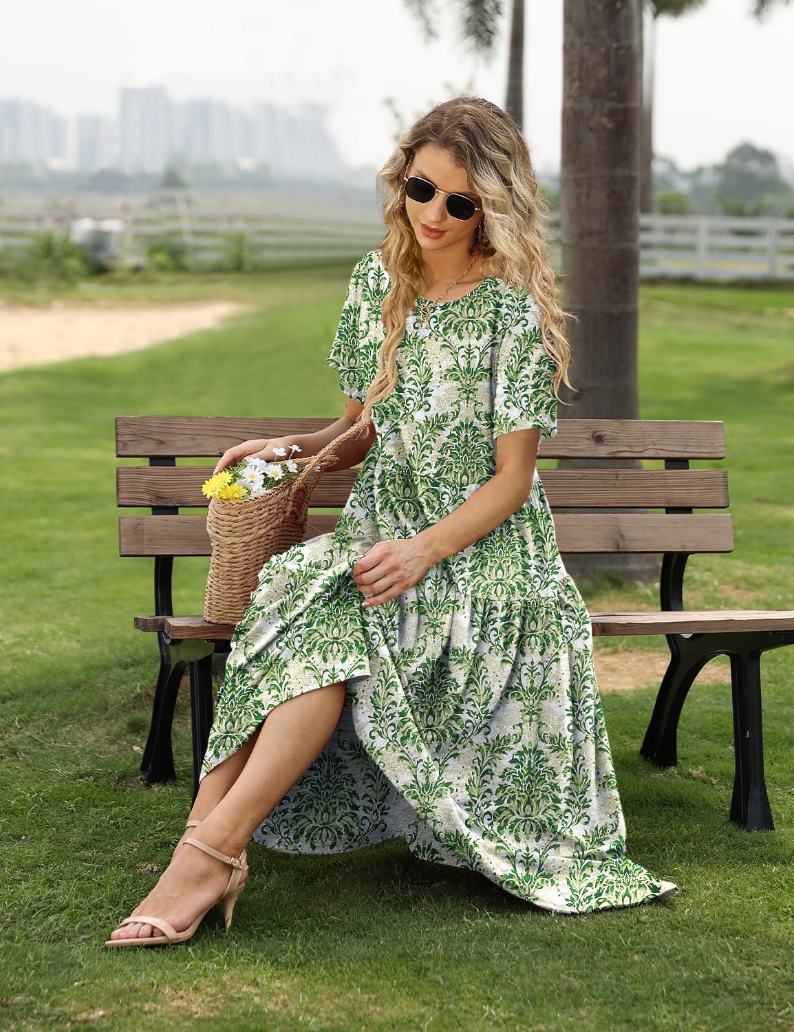 YESNO Women Casual Loose Bohemian Floral Dress with Pockets Short Sleeve Long Maxi Summer Beach Swing Dress S EJF CR425