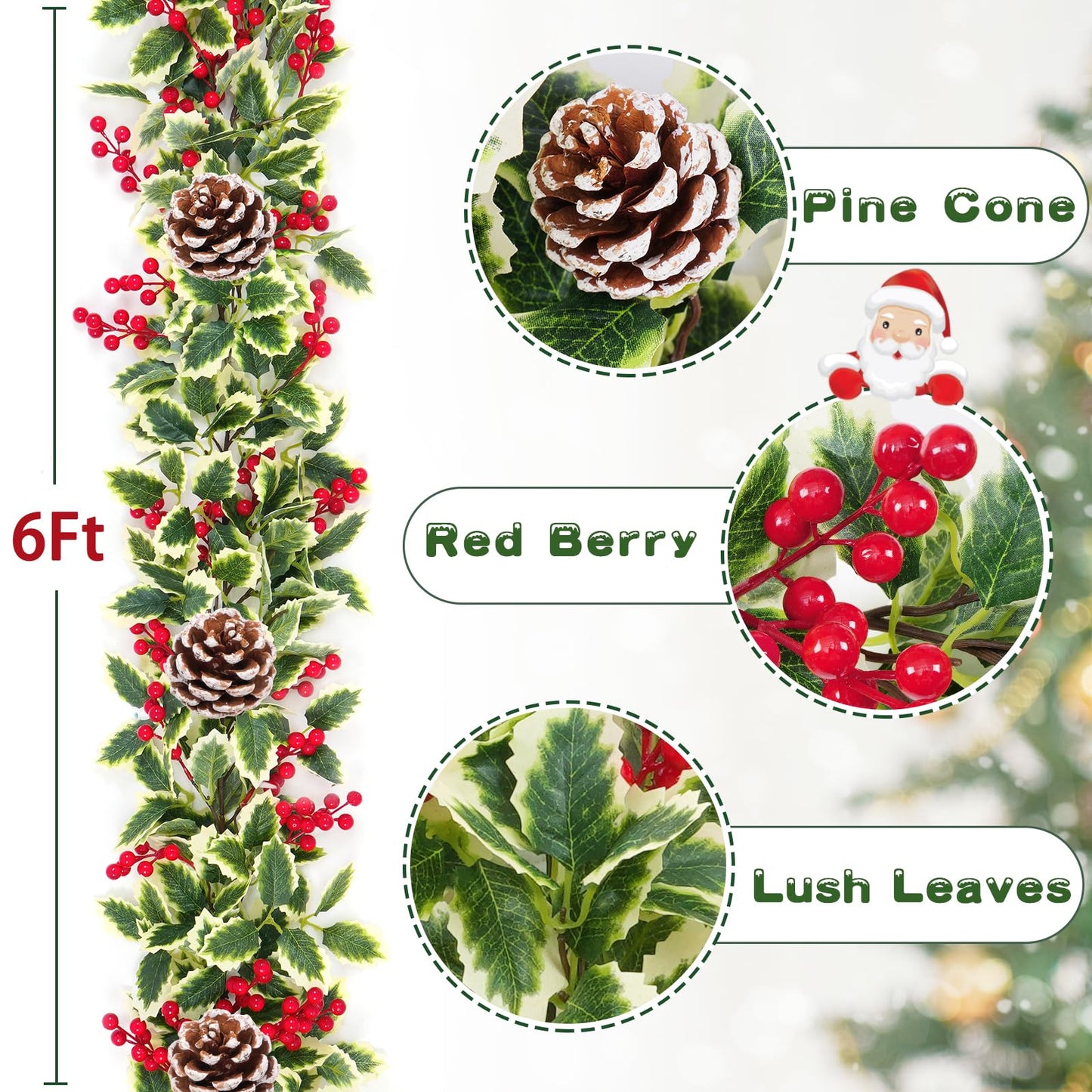 Christmas Garland, 2Pcs Red Berry Garland with Pine Cones, Green Garland Christmas Decorations Indoor, Christmas Tree Garland for Mantle Holly Outdoor Home Table New Year Decor