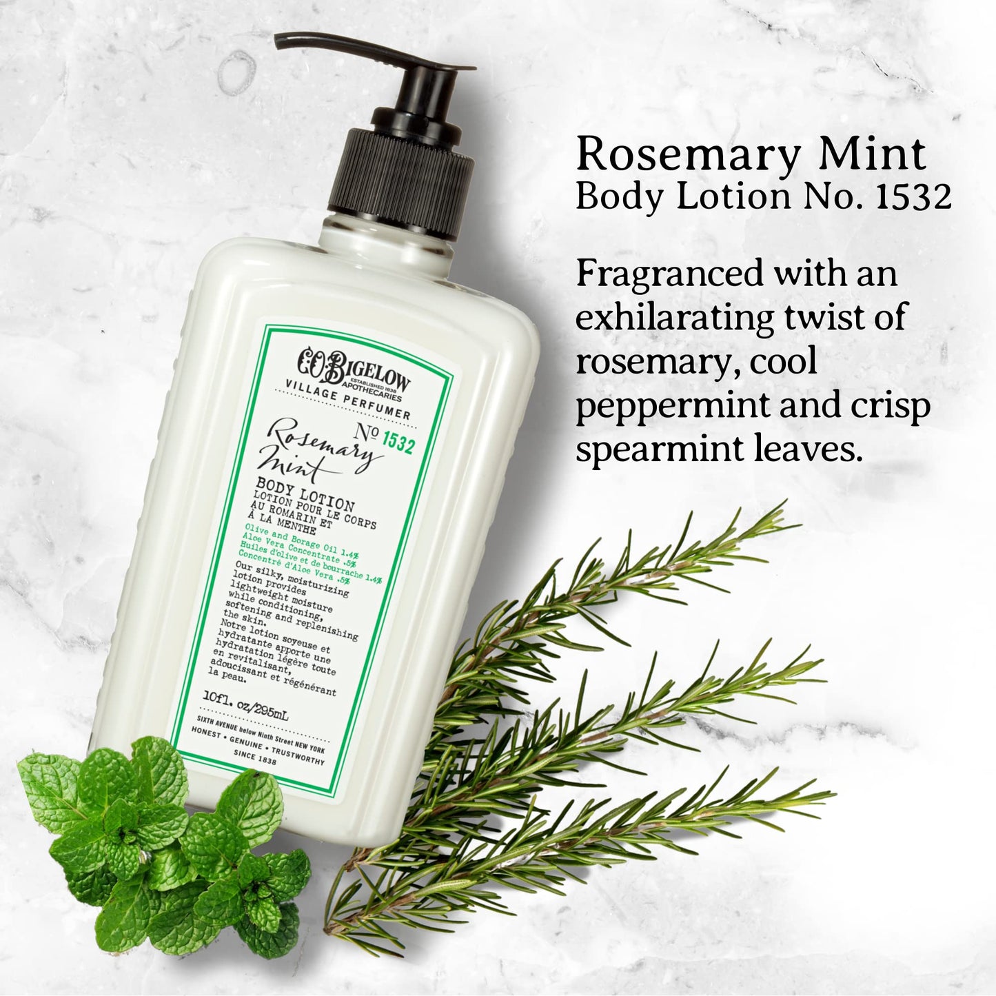 C.O. Bigelow Rosemary Mint Moisturizing Body Lotion for Women and Men, Village Perfumer Lotion with Olive Oil, Borage Oil, and Aloe Vera, 10 fl oz