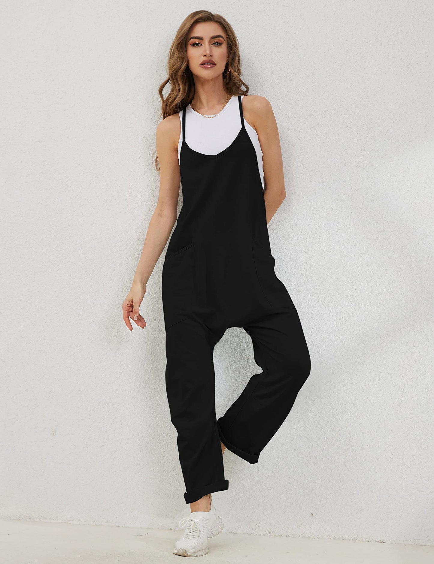 Lentta Women's Causal Jumpsuits V Neck Sleeveless Harem Overalls Stretchy Adjustable Strap Romper with Pockets(Black-S)