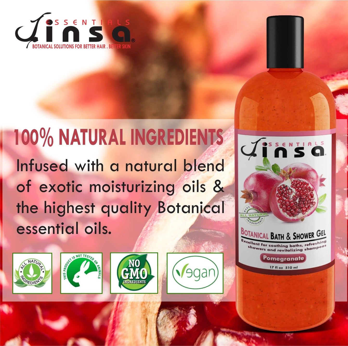 JINSA ESSENTIALS Botanical Bath and Shower Gel with Essential Oils, Skin Nourishing Cleanser for Luxurious Bathing Experience (Pomegranate)