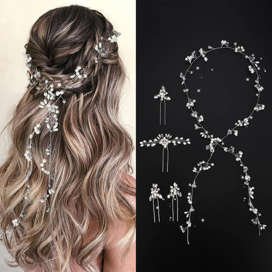 WIOR Wedding Hair Vine for Brides, 39.4 Inch Crystal Beads Bridal Hair Pieces with 4 Pearl Hair Pins, Handmade Rhinestones Headpieces Wedding Hair Accessories for Bride Bridesmaids Prom Party - Silver