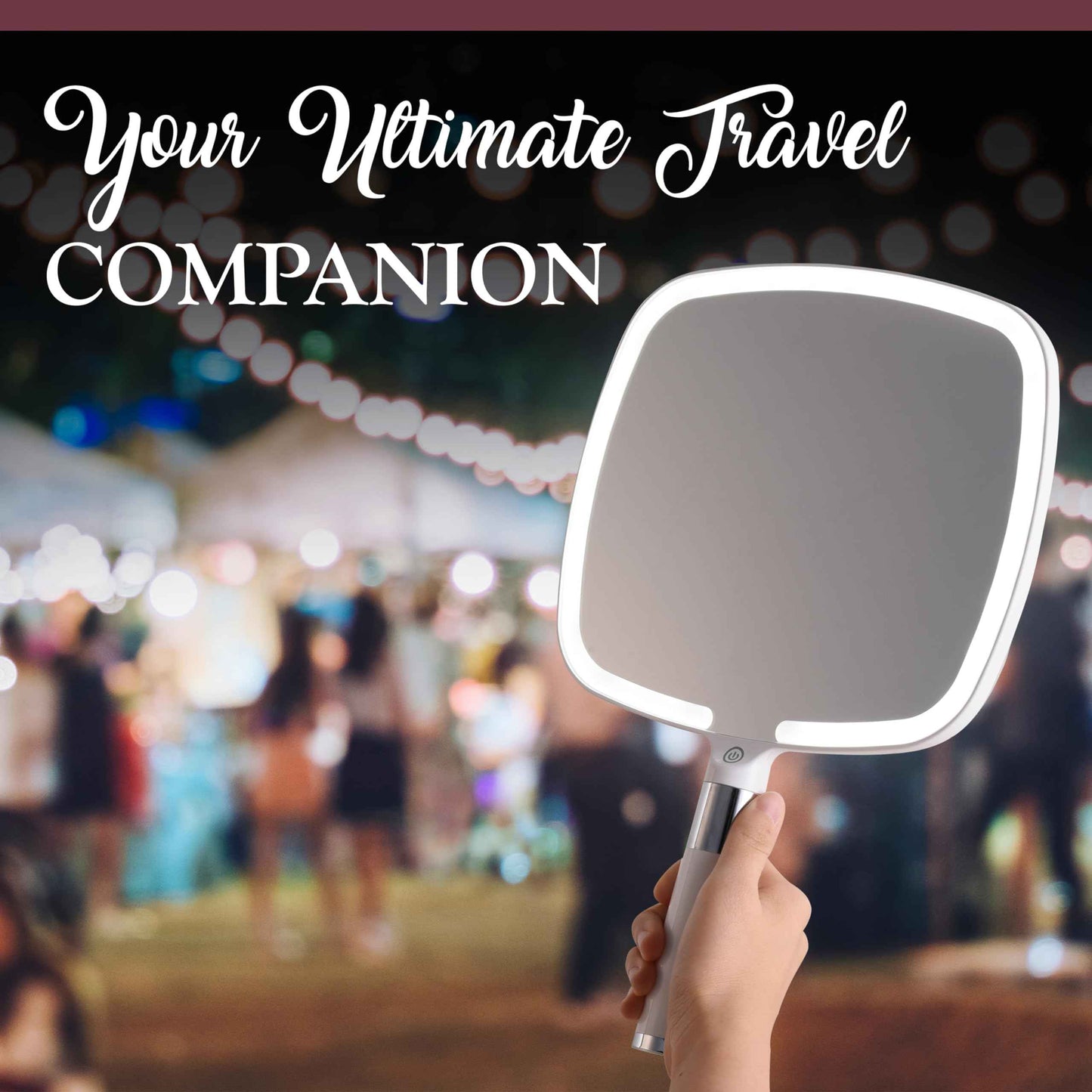 MIRRORVANA Lighted Travel Hand Mirror with Comfy Handle and Detachable Stand - Portable, Thin and Lightweight Design - Rechargeable with 3 LED Light Settings - 9" x 13" (White)