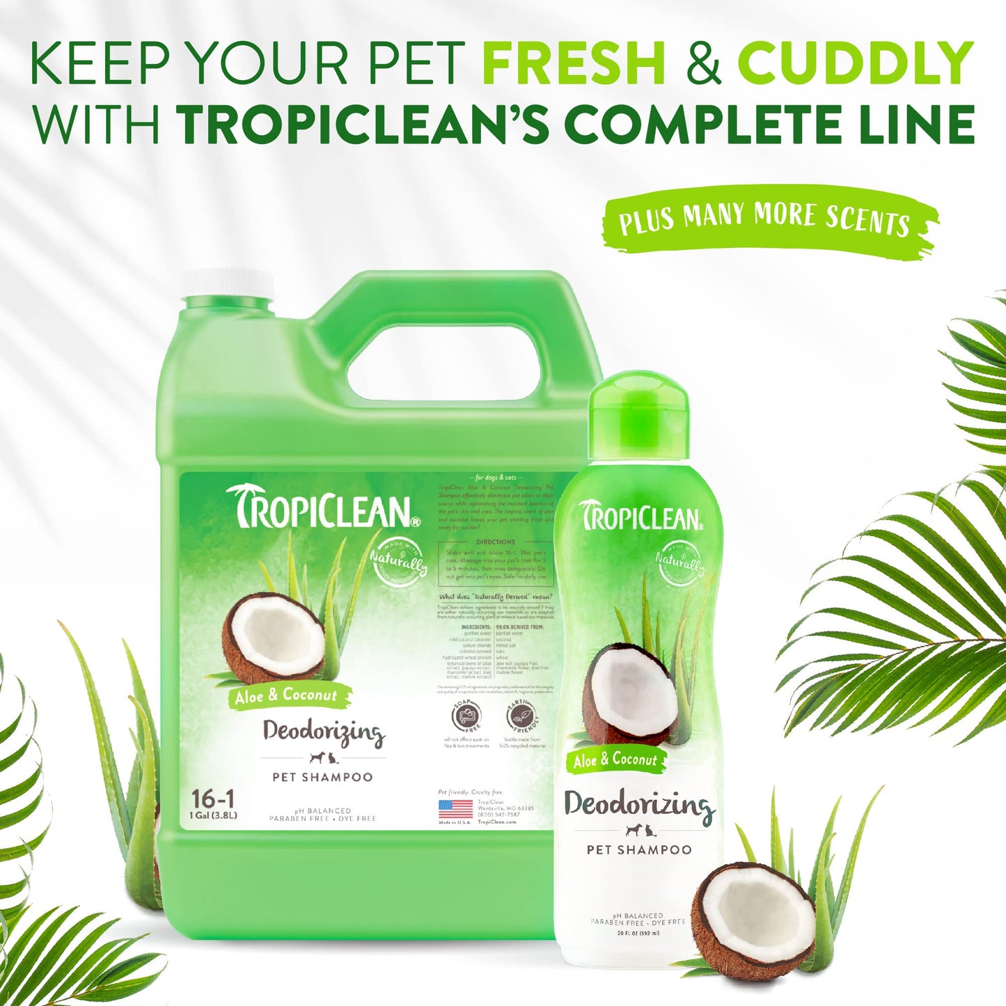 TropiClean Aloe & Coconut Deodorizing Dog Shampoo for Smelly Dogs | Odor Control Shampoo for Stinky Dogs | Natural Pet Shampoo Derived from Natural Ingredients | Cat Friendly | Made in the USA | 20 oz