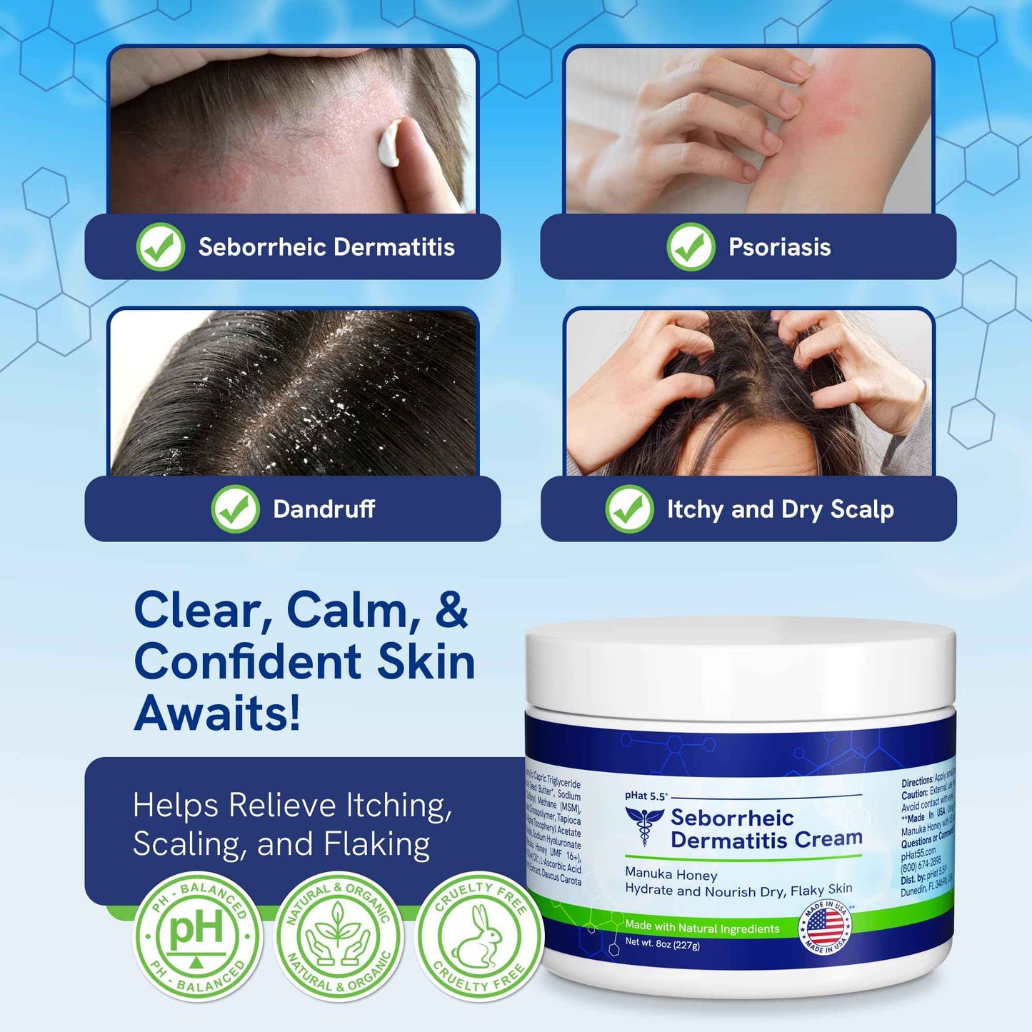 pHat 5.5 Seborrheic dermatitis Moisturizing Cream & Face Lotion for Women - Soothing Redness for Face & Body Cream - Hydrating for Dry Skin & Anti Itch Lotion (8oz)