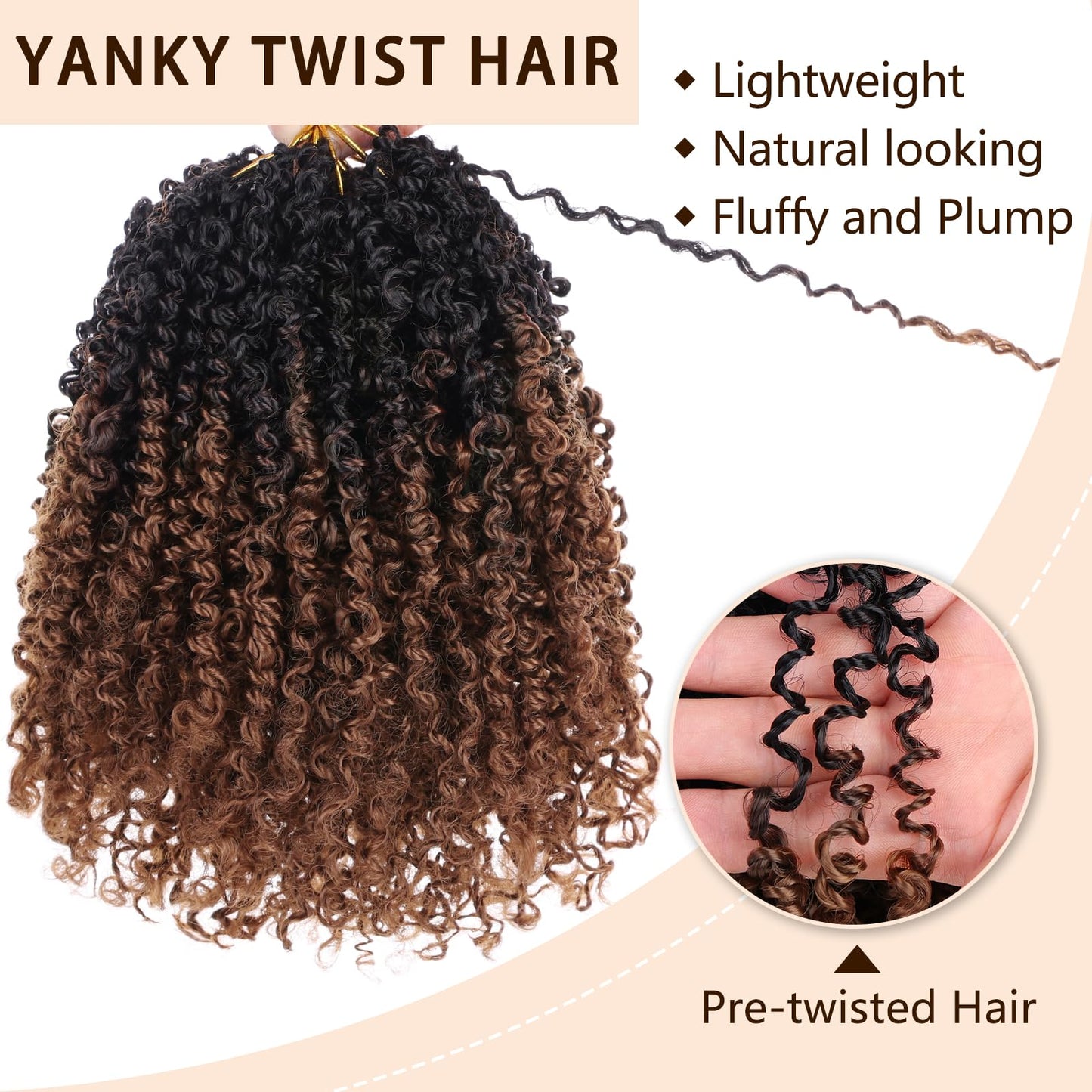 COOKOO 8 Inch Pre-looped Yanky Twists Crochet Braids 8 Pcs Ombre Brown Bohemian Spring Twists Hair Senegalese Twist Crochet Hair with Curls Synthetic Marlybob Crochet Braids Hair Extensions 1B/30#