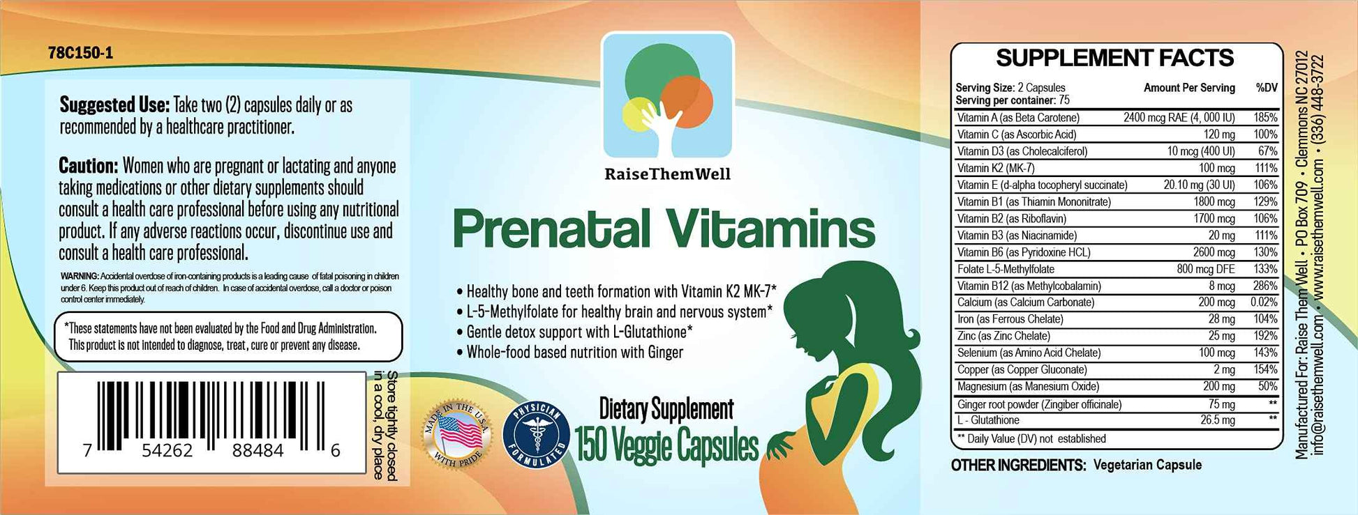 Raise Them Well Prenatal Multivitamin with Methylfolate, K2 MK-7, Glutathione & Iron, Physician Developed, Non-GMO, Supports Healthy Pregnancy, Brain & Bone Development, 150 Veggie Capsules