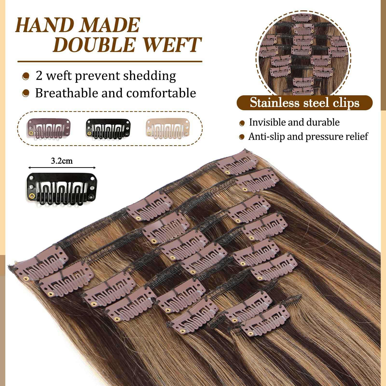 Clip in Hair Extensions Real Human Hair, 14 inch 80g, Balayage Invisible Remy Human hair Clip in Extensions for Women Seamless Straight 8Pcs Double Weft Dark Brown to Chestnut Brown