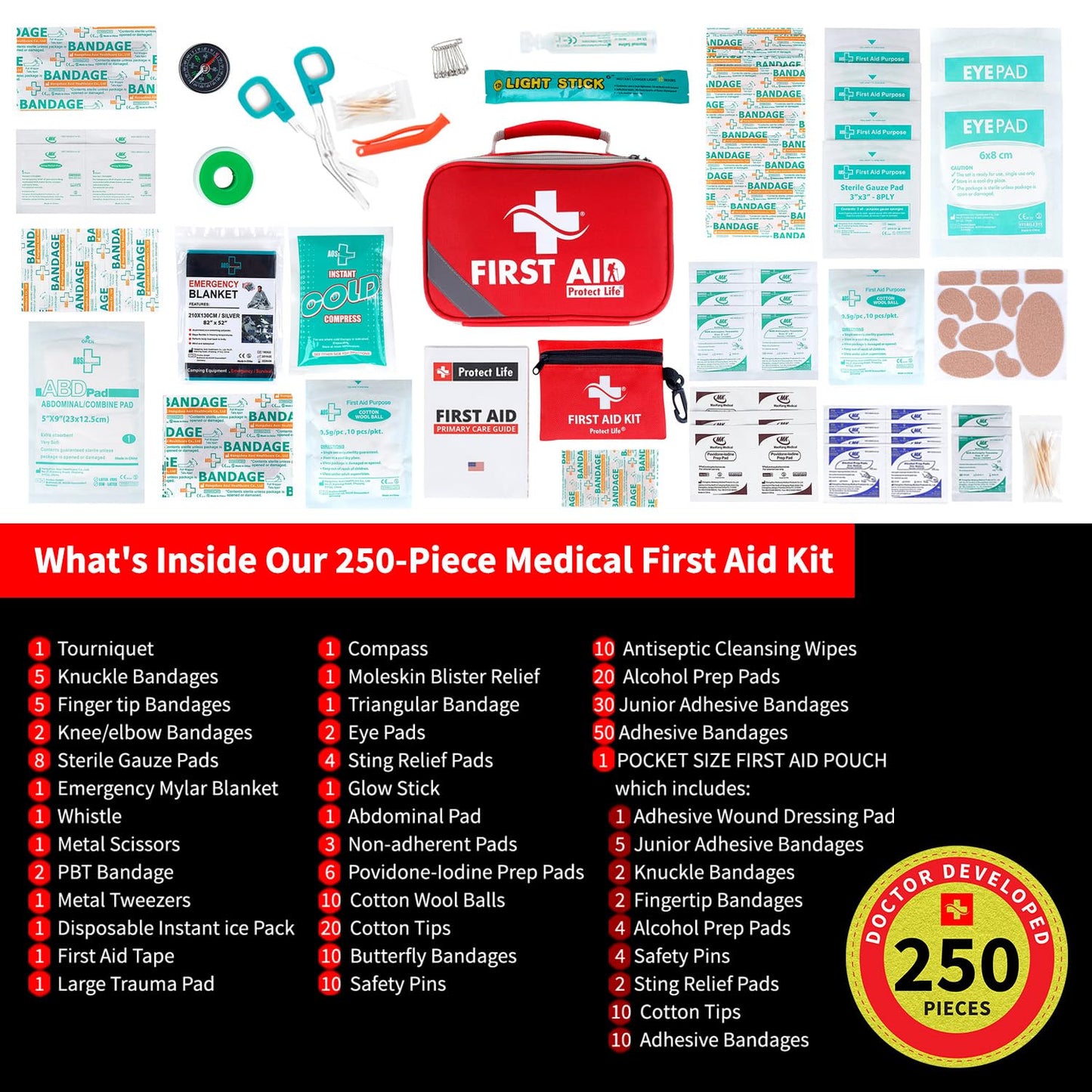 Protect Life First Aid Kit for Home/Business, HSA/FSA Eligible Emergency Kit | Medical First Aid Kit | Camping First Aid Kit Hiking | Small First Aid Kit for Car | Travel First Aid Kit Mini - 250pcs