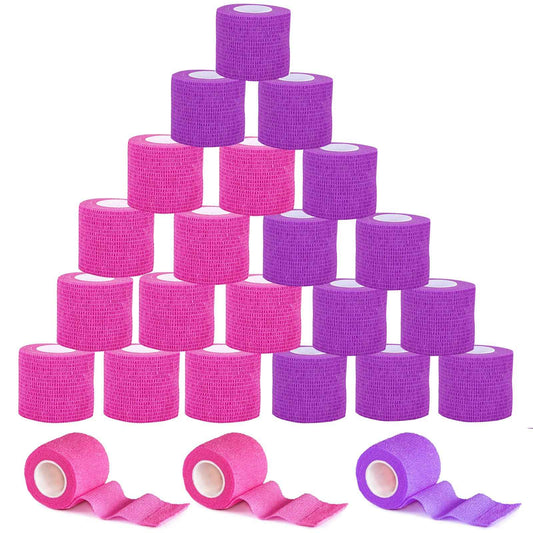 VideoPUP 24PCS Tattoo Grip Cover Wrap,Phosphor Pink&Purple Disposable Cohesive Tattoo Grip Cover Elastic Bandage Handle Grip Tube for Tattoo Machine Tattoo Grip Accessories