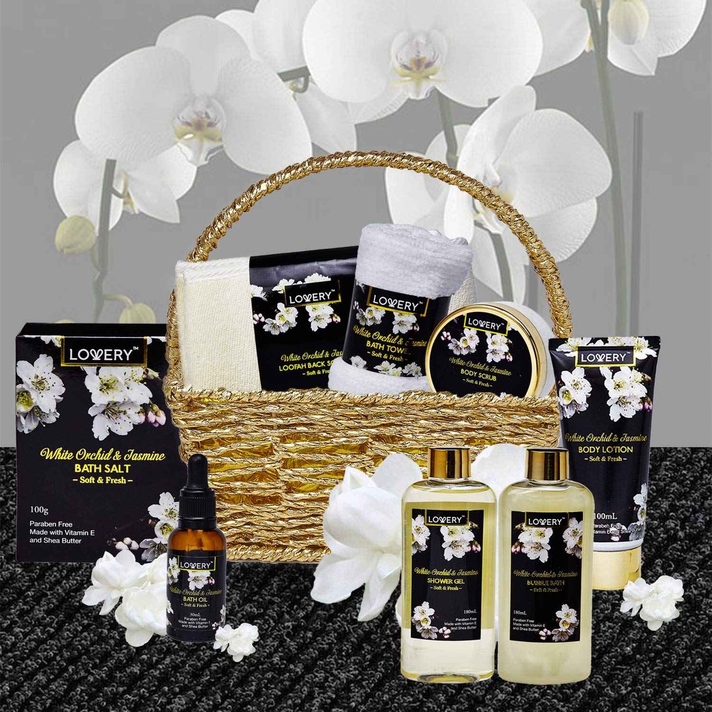 Christmas Gift Baskets for women Mom Christmas Gifts, Bath and Body Spa Set– Orchid & Jasmine Home Spa Set With Body Scrubs, Lotions, Oils, Gels and More - Care Package for Women & Men - 9 Piece Set
