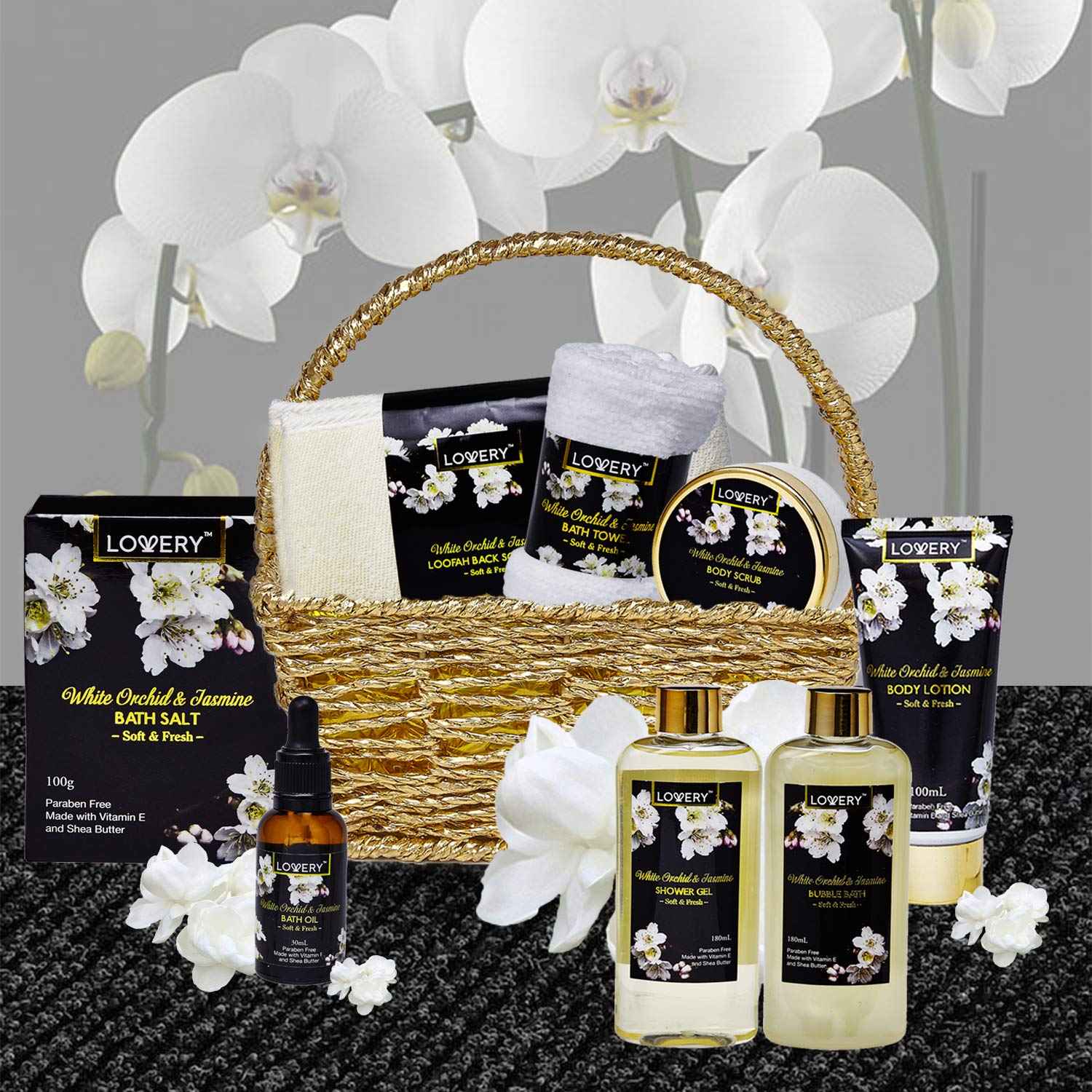 Christmas Gift Baskets for women Mom Christmas Gifts, Bath and Body Spa Set– Orchid & Jasmine Home Spa Set With Body Scrubs, Lotions, Oils, Gels and More - Care Package for Women & Men - 9 Piece Set