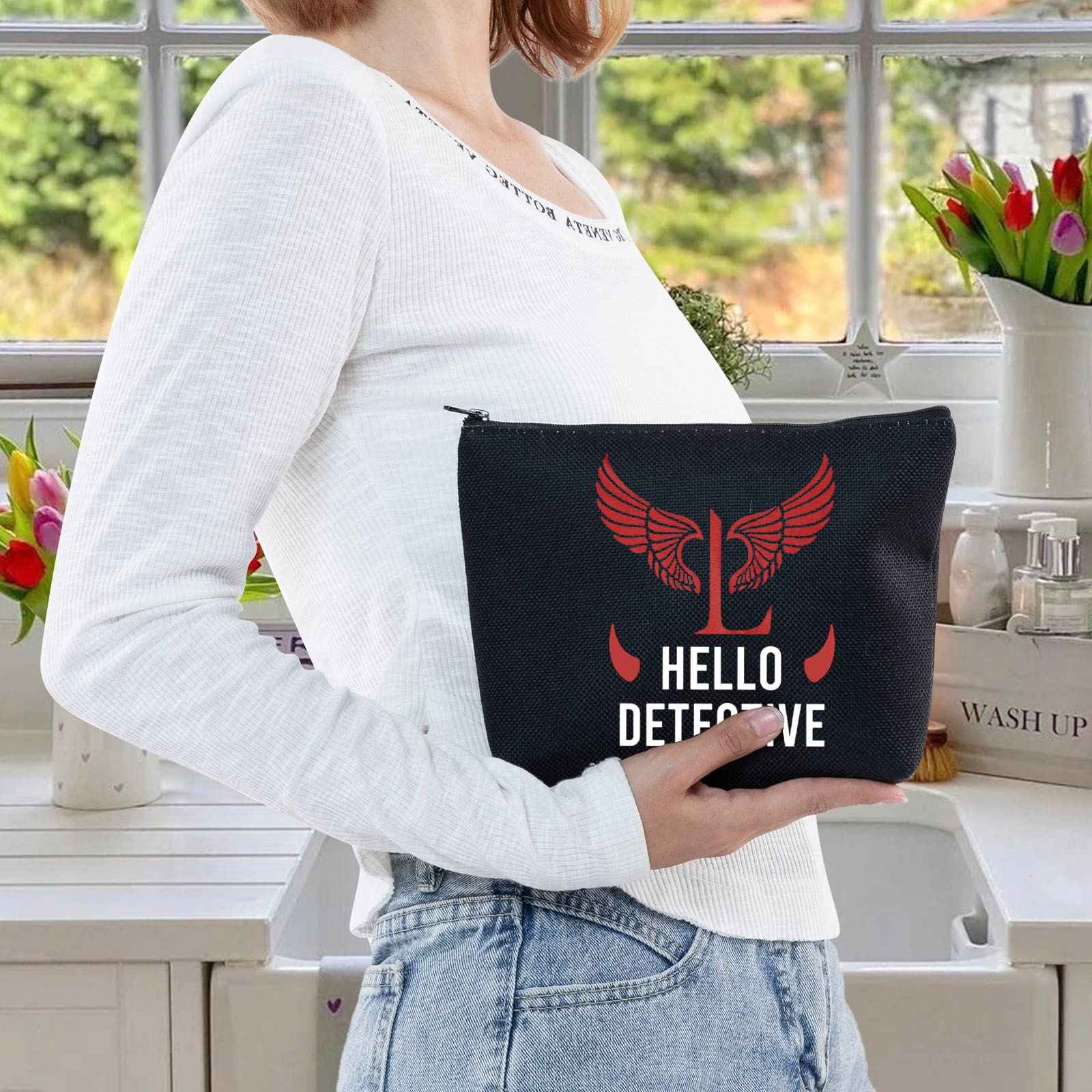LEVLO Lucifer TV Show Cosmetic Make Up Bag Lucifer Morningstar Gift Hello Detective Lucifer Makeup Zipper Pouch Bag For Women Girls (Hello Detective Black)
