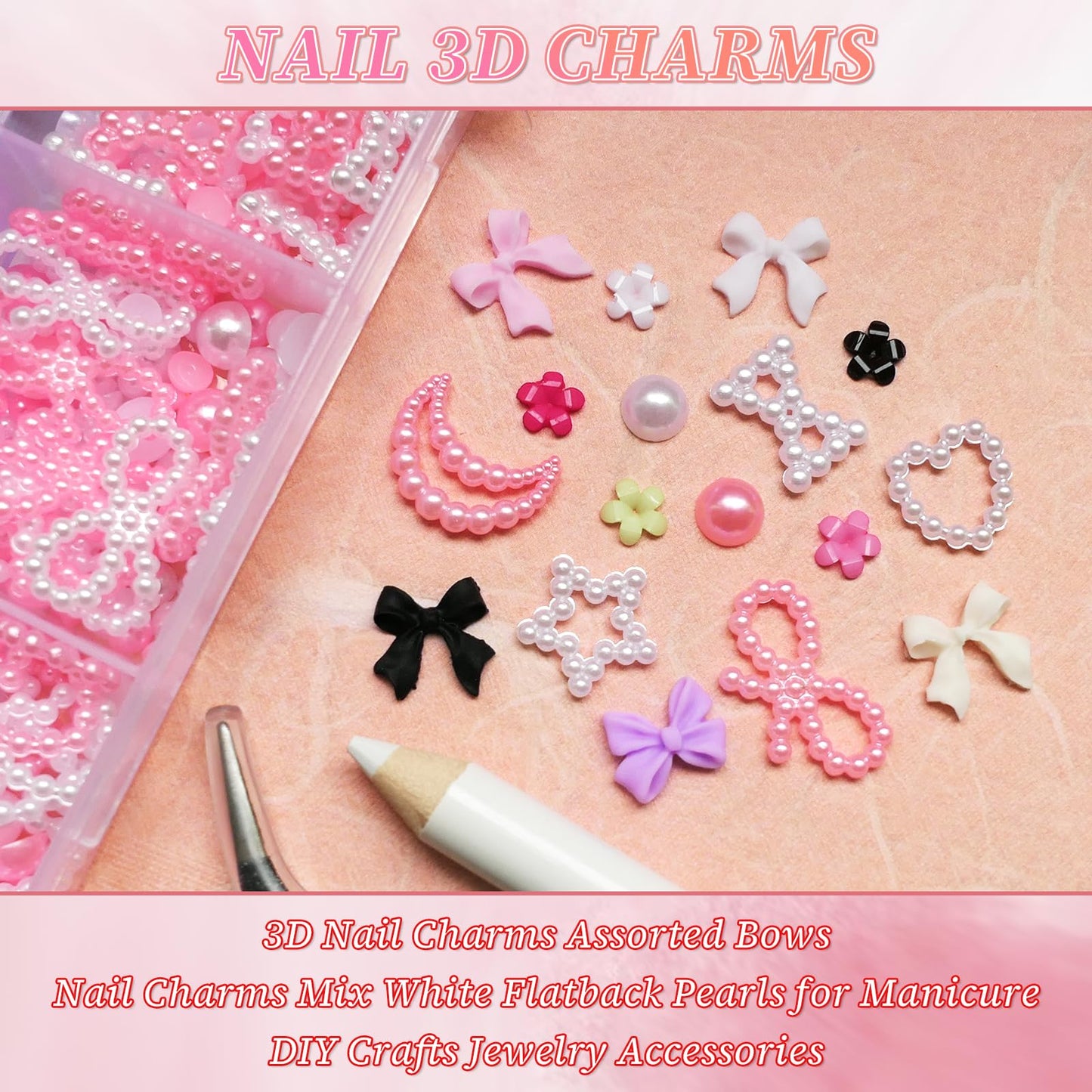 LoveOurHome Flower Nail Charms 3D Star Moon Heart Bow Charms Nail Decorations Kit Bow-knot Floral Nail Studs Rhinestone Pink White Pearl Beads Acrylic Nail Design Jewelry Nail Supplies with Tweezer