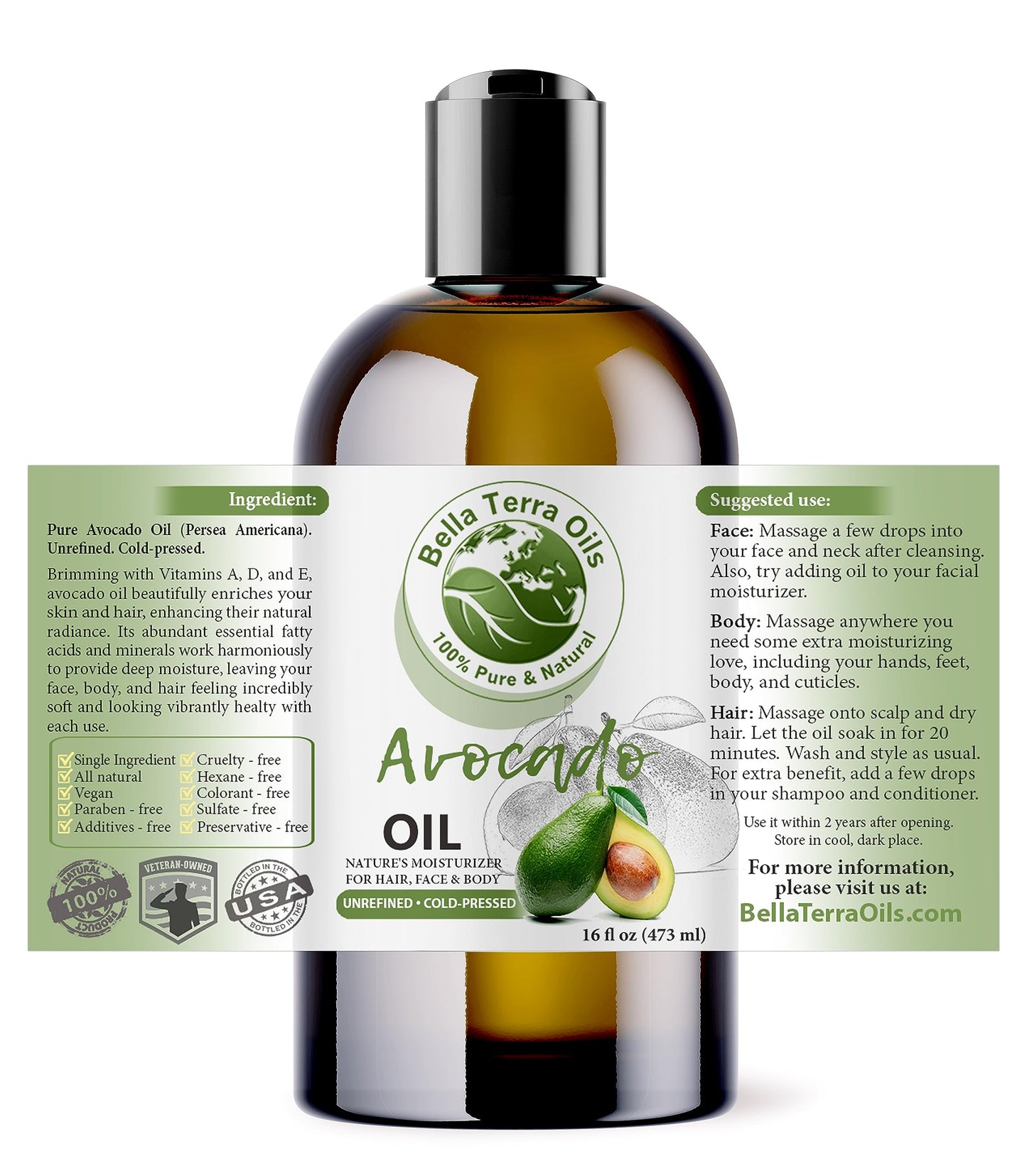 Bella Terra Oils - Avocado Oil 16oz - Cold-Pressed Purity, Unveiling Avocado's Nutritional Treasures, Perfect Carrier Oil for Blending Essentials