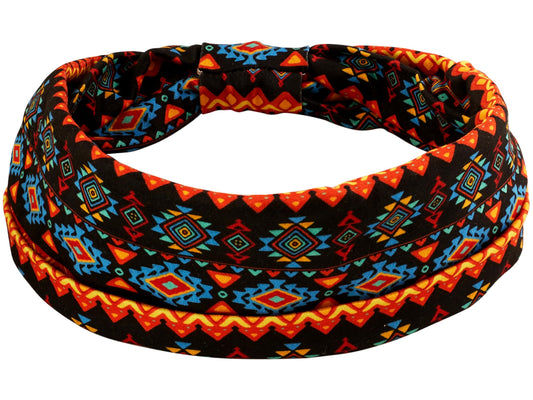 MINACHI Bohemian Wide-Brim Knotted Headband, Brown Orange Ethnic Print, Women's Hair Accessory