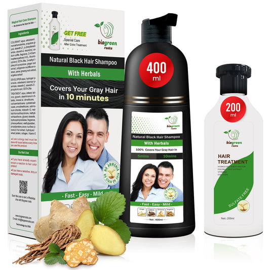 Biogreen Roots Herbal Natural Black Hair Color Shampoo (400ml) with 200ml Hair Treatment for Grey Hair Coverage in 10 Minutes - Hair Coloring for Men, Women, All Hair Types - Natural Black Hair Dye