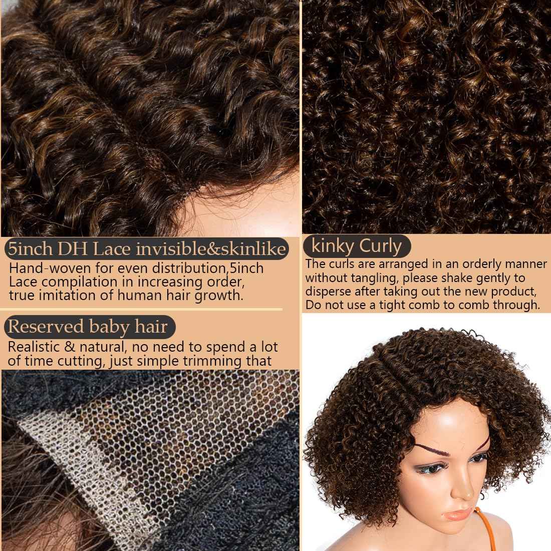 N BLE STAR 5inch Side Part HD Lace Front Wigs 10" Wear and Go Glueless Wigs Human Hair 180% Density Brazilian Virgin Hair Kinky Curly Lace Front Wig P4/30#