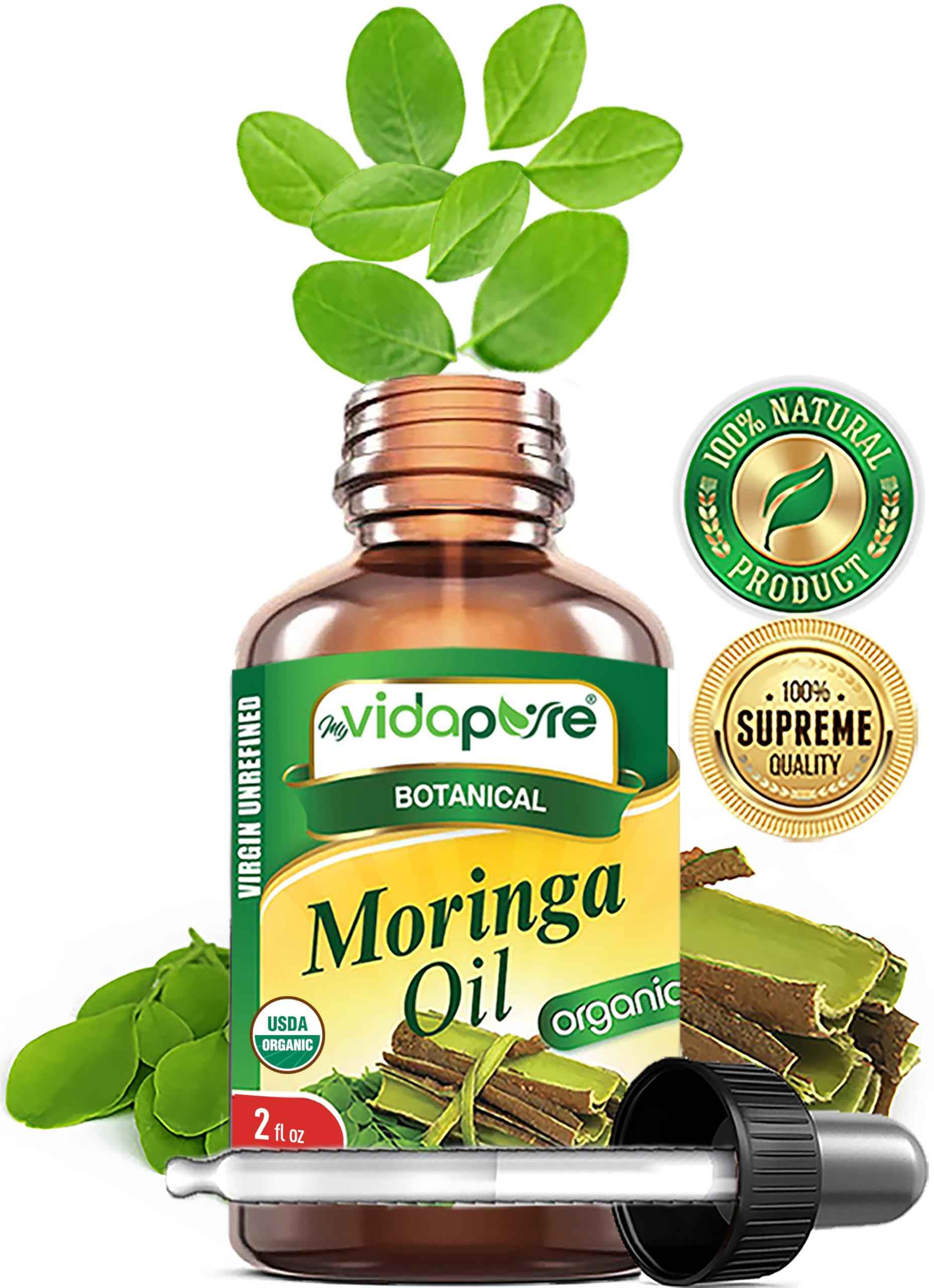 MYVIDAPURE Organic MORINGA OIL Moringa Oleifera Certified Organic 100% Natural Pure Virgin Unrefined for Face, Skin, Body, Hair, Lip, Nails Anti-Aging, Rich in Vitamin E (2 Fl Oz)