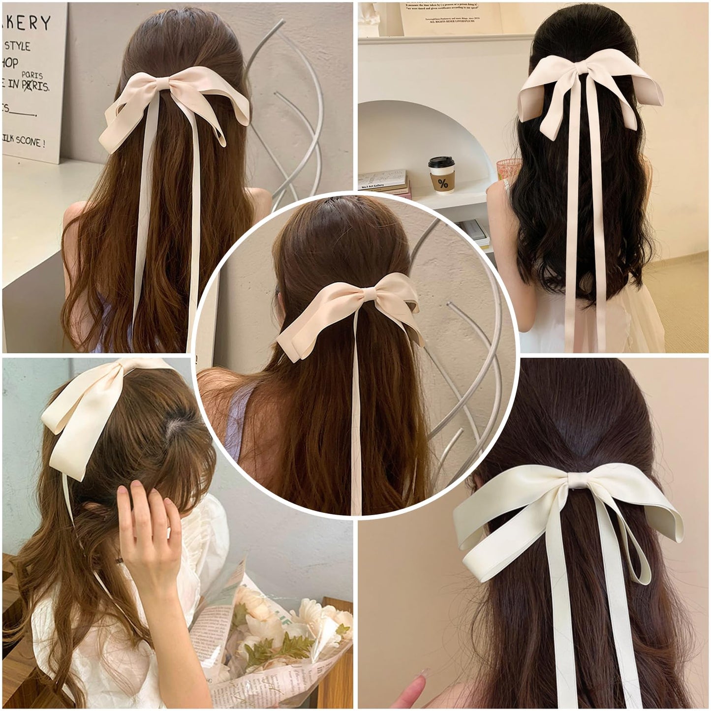 Rywicle Hair Clips Bow for Women Girls for Tassel Ribbon Bowknot Hair Claw Silky Satin French Barrette Lightweight 2 Pack for Summer-Purple Champagne White