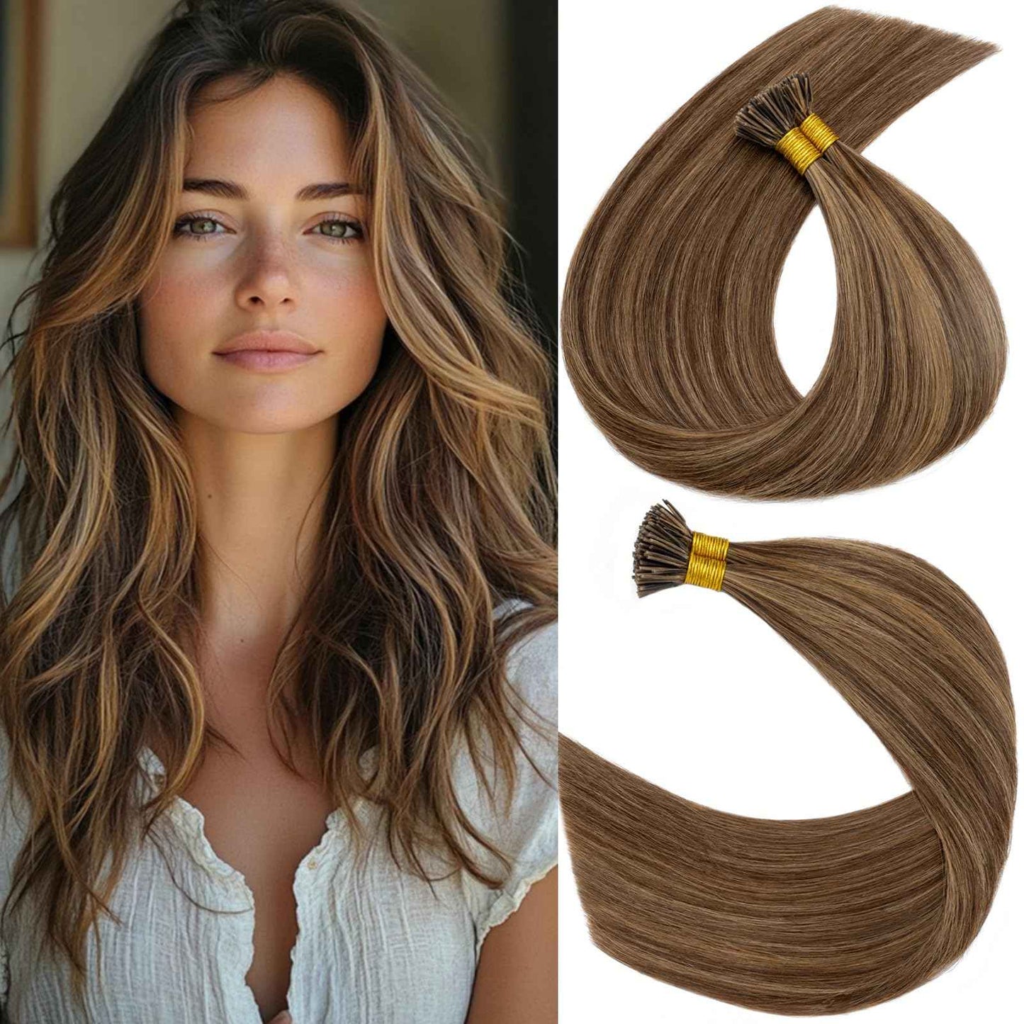 S-noilite Pre bonded I Tip Human Hair Extension for Women 100Strands 50Gram Fusion Stick Tip Remy Human Hair Piece Invisible Keratin Glue K Tip 16Inch #4P27 Medium Brown highlight Dark Blonde